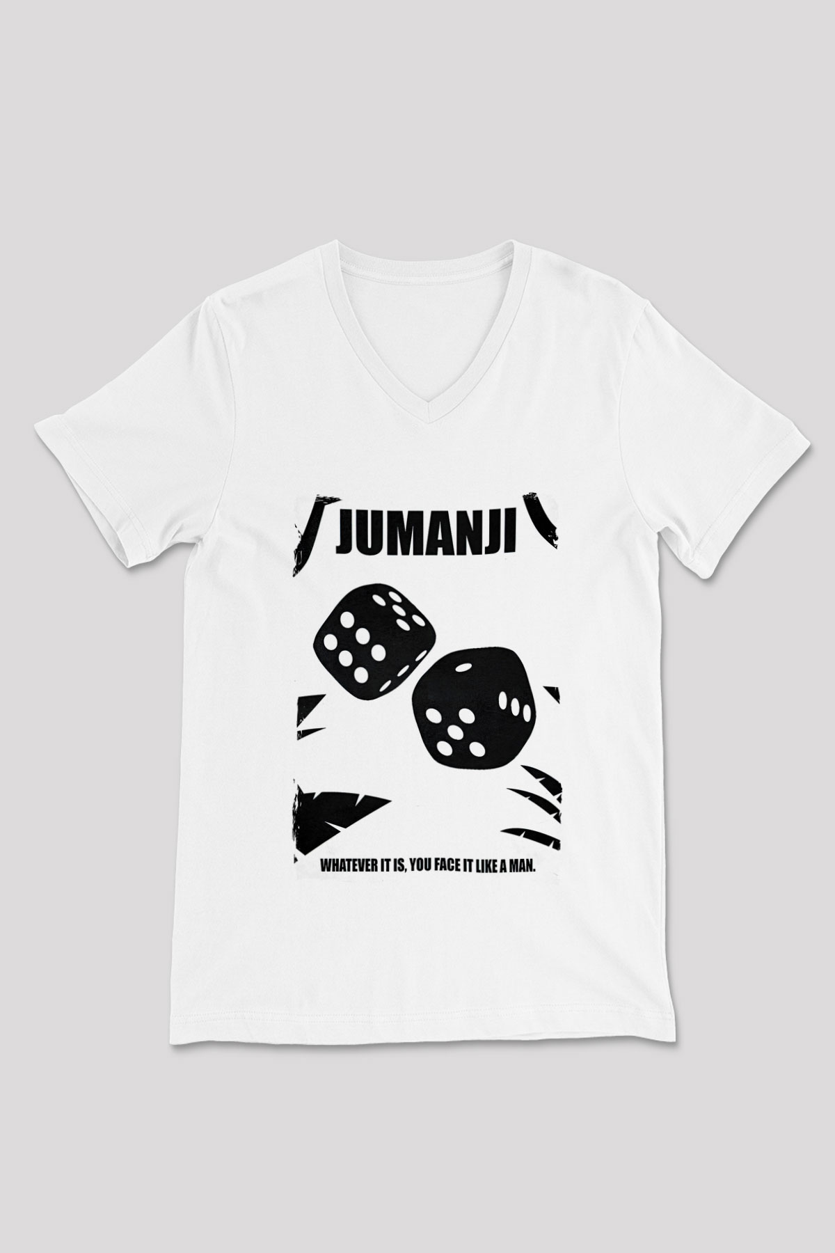 Jumanji Baskılı Beyaz Unisex V Yaka Tişört - Tshirt