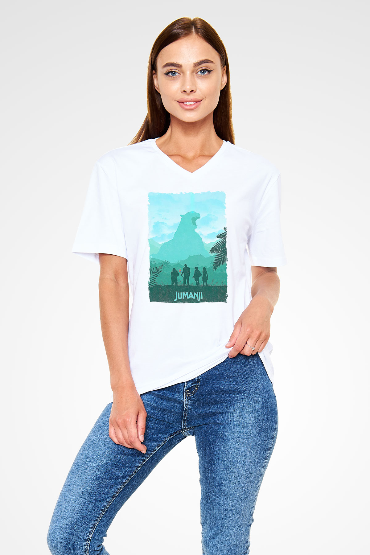 Jumanji Baskılı Beyaz Unisex V Yaka Tişört - Tshirt