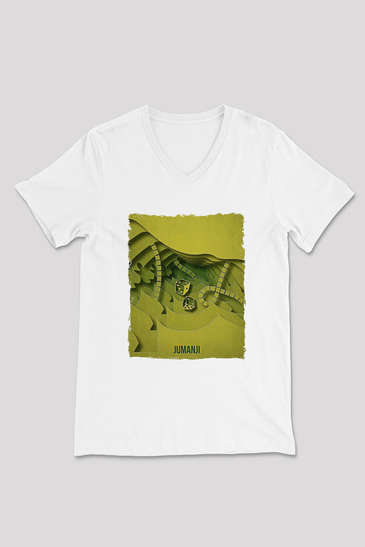 Jumanji Baskılı Beyaz Unisex V Yaka Tişört - Tshirt