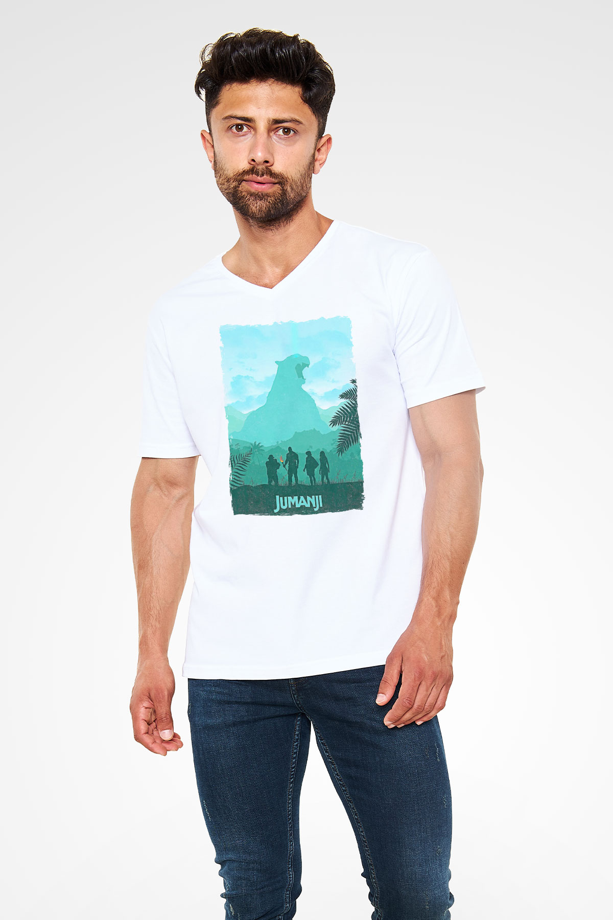 Jumanji Baskılı Beyaz Unisex V Yaka Tişört - Tshirt
