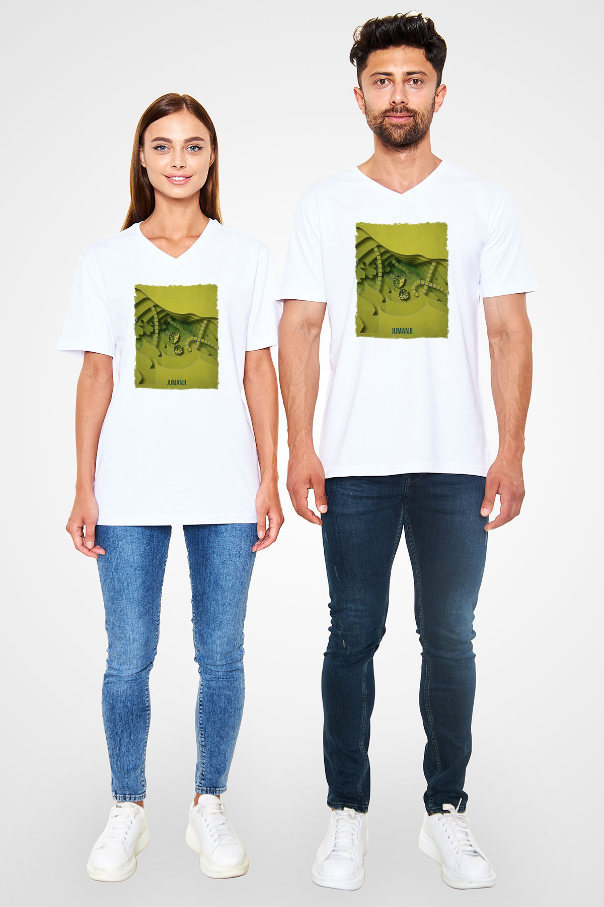 Jumanji Baskılı Beyaz Unisex V Yaka Tişört - Tshirt