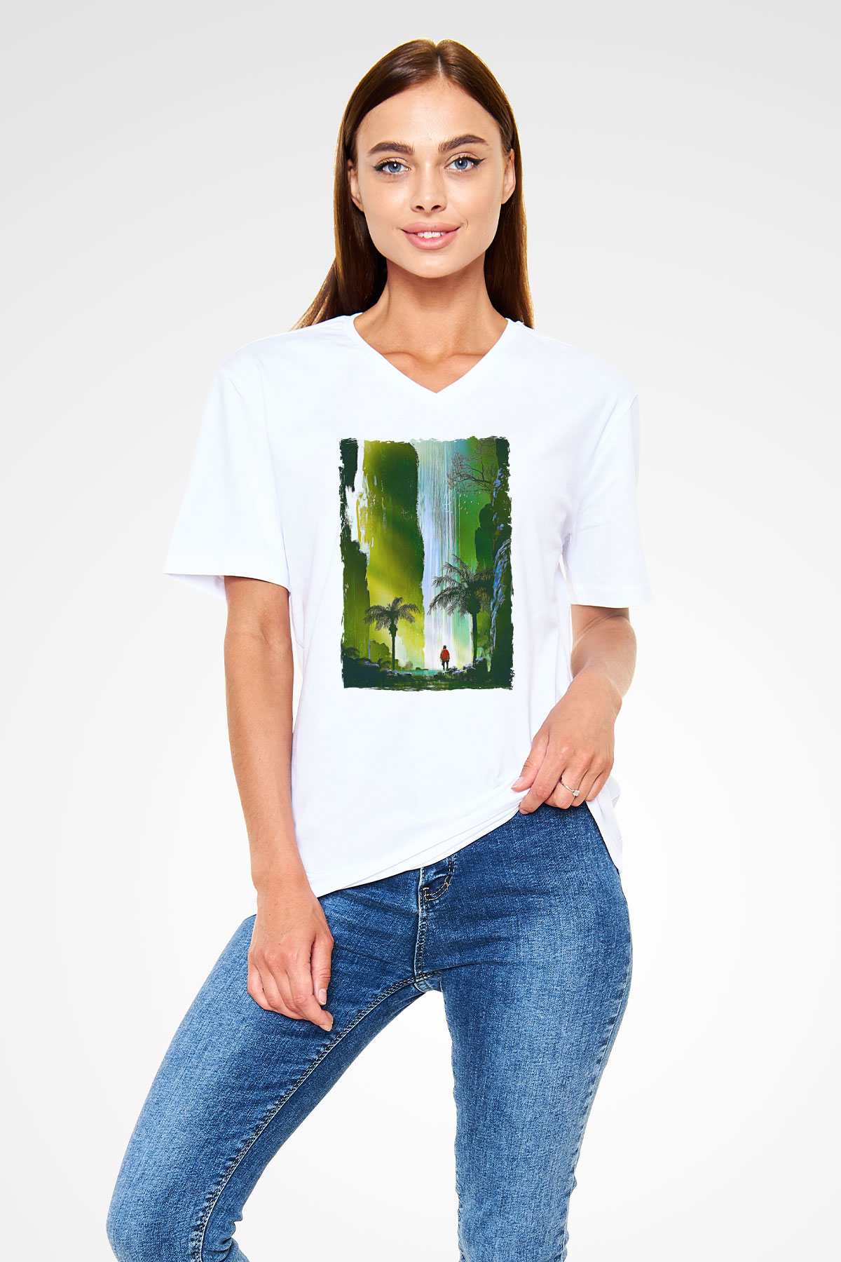 Jumanji Baskılı Beyaz Unisex V Yaka Tişört - Tshirt