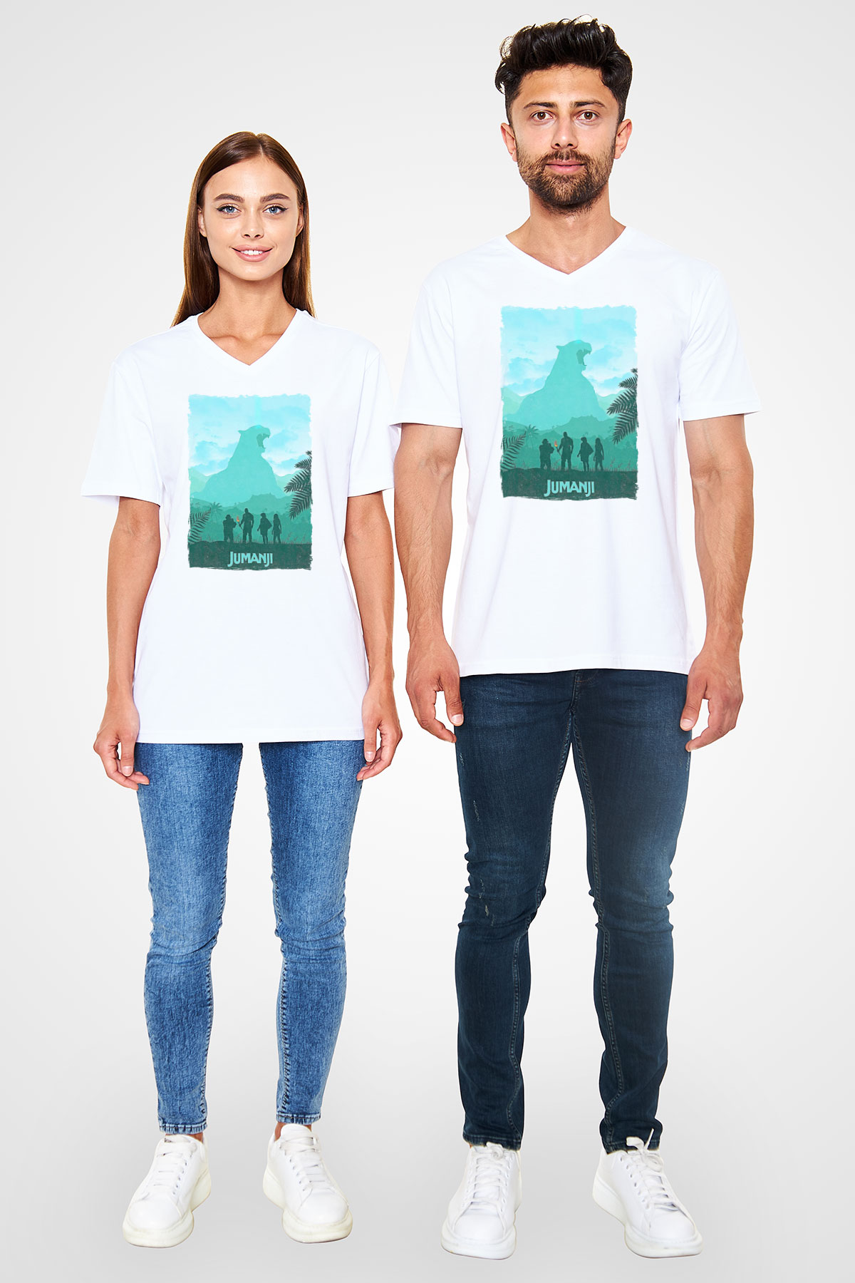 Jumanji Baskılı Beyaz Unisex V Yaka Tişört - Tshirt