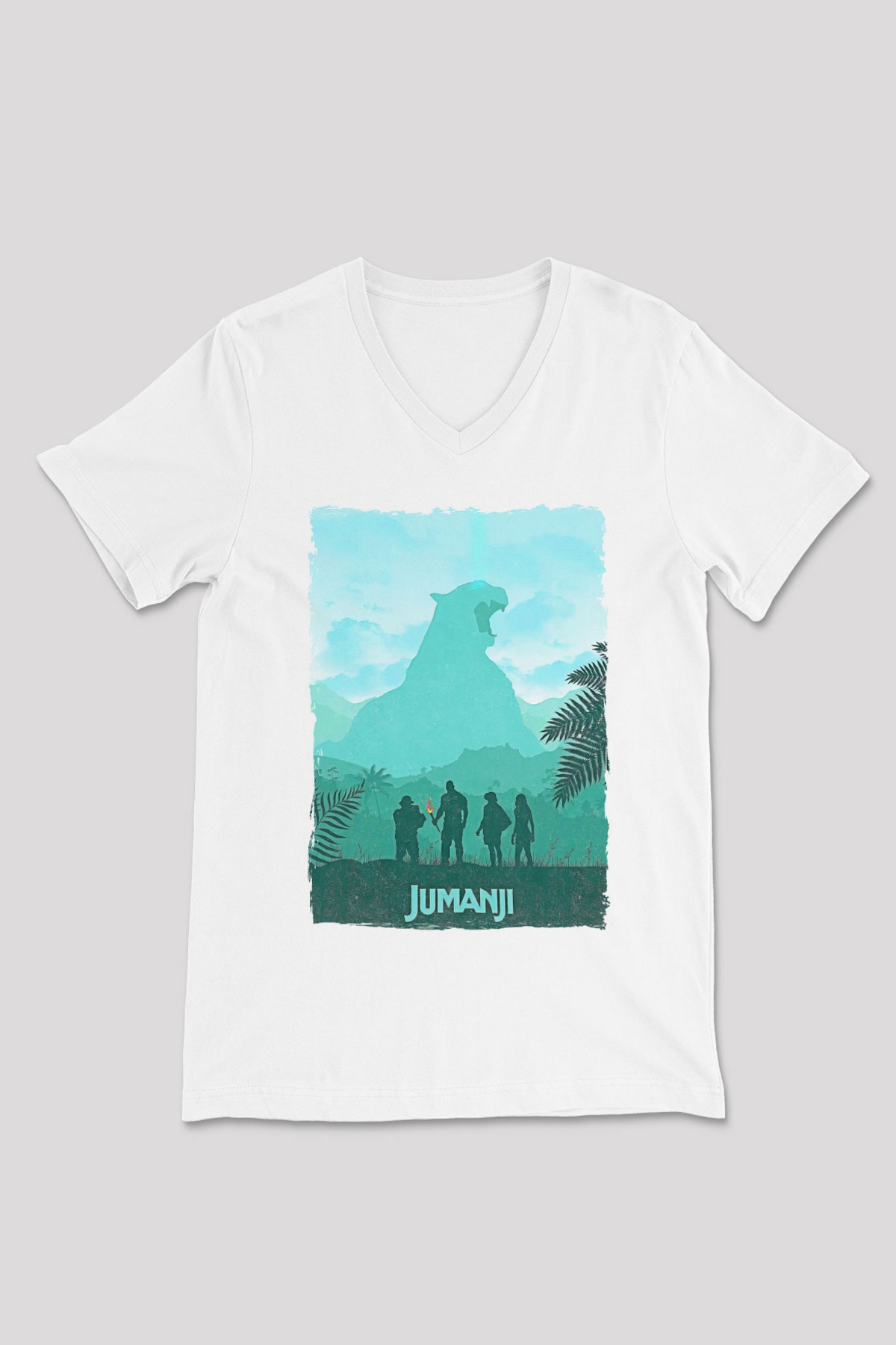 Jumanji Baskılı Beyaz Unisex V Yaka Tişört - Tshirt