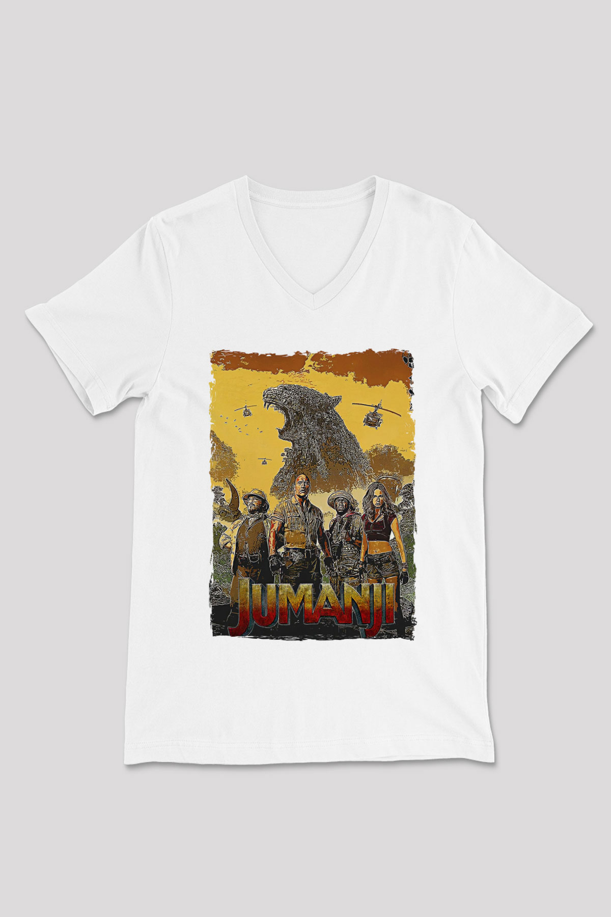 Jumanji Baskılı Beyaz Unisex V Yaka Tişört - Tshirt