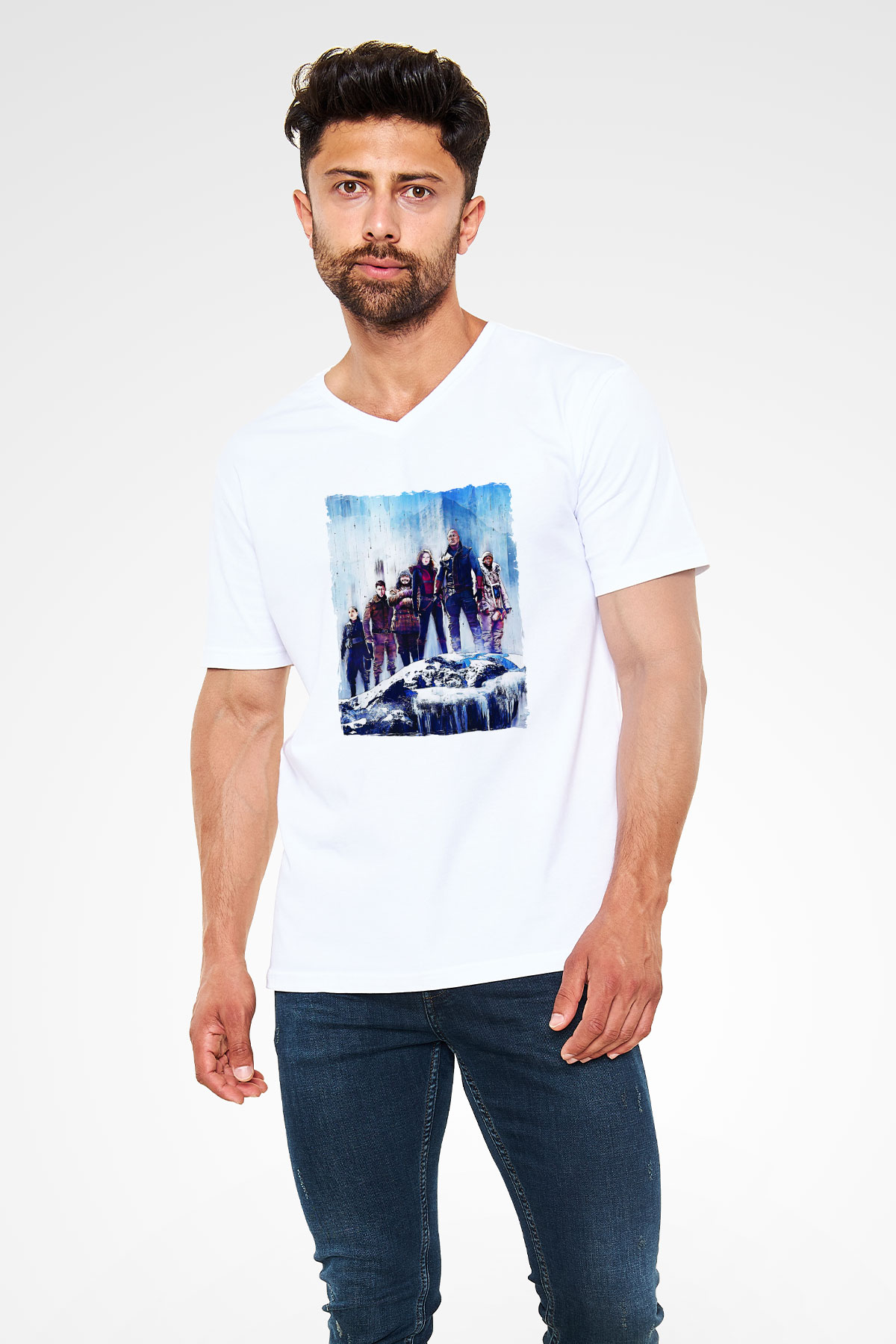 Jumanji Baskılı Beyaz Unisex V Yaka Tişört - Tshirt