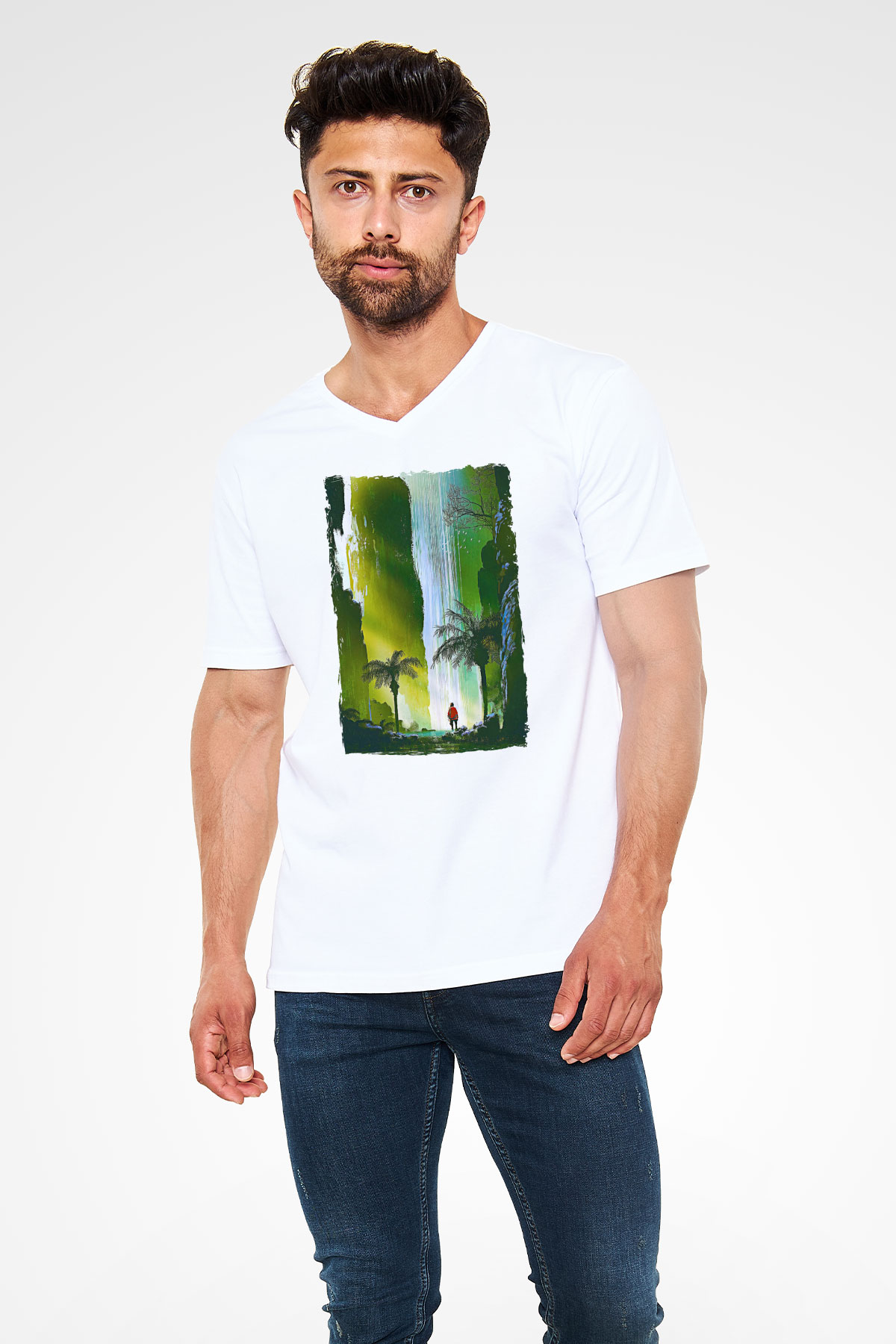Jumanji Baskılı Beyaz Unisex V Yaka Tişört - Tshirt