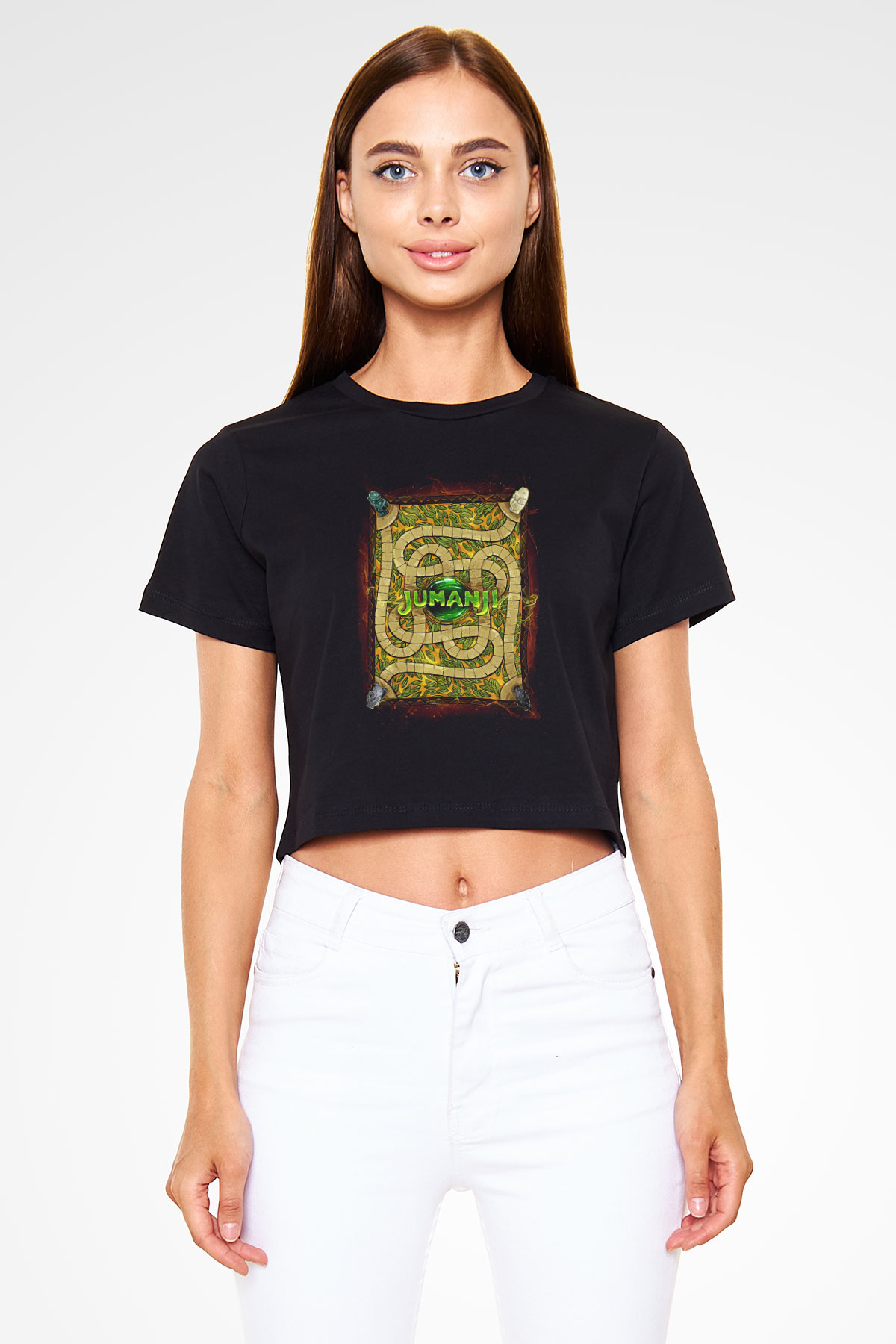 Jumanji Baskılı Siyah Crop Top Kadın Tişört - Tshirt