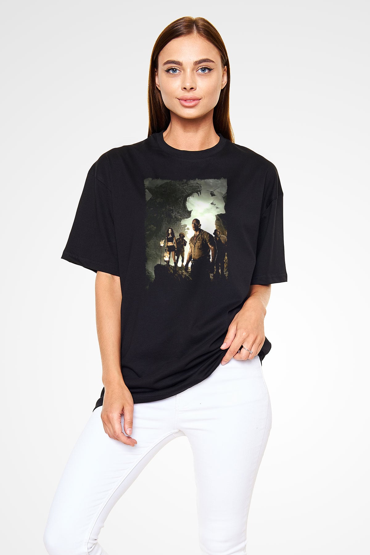 Jumanji Baskılı Unisex Siyah Oversize Tişört - Tshirt