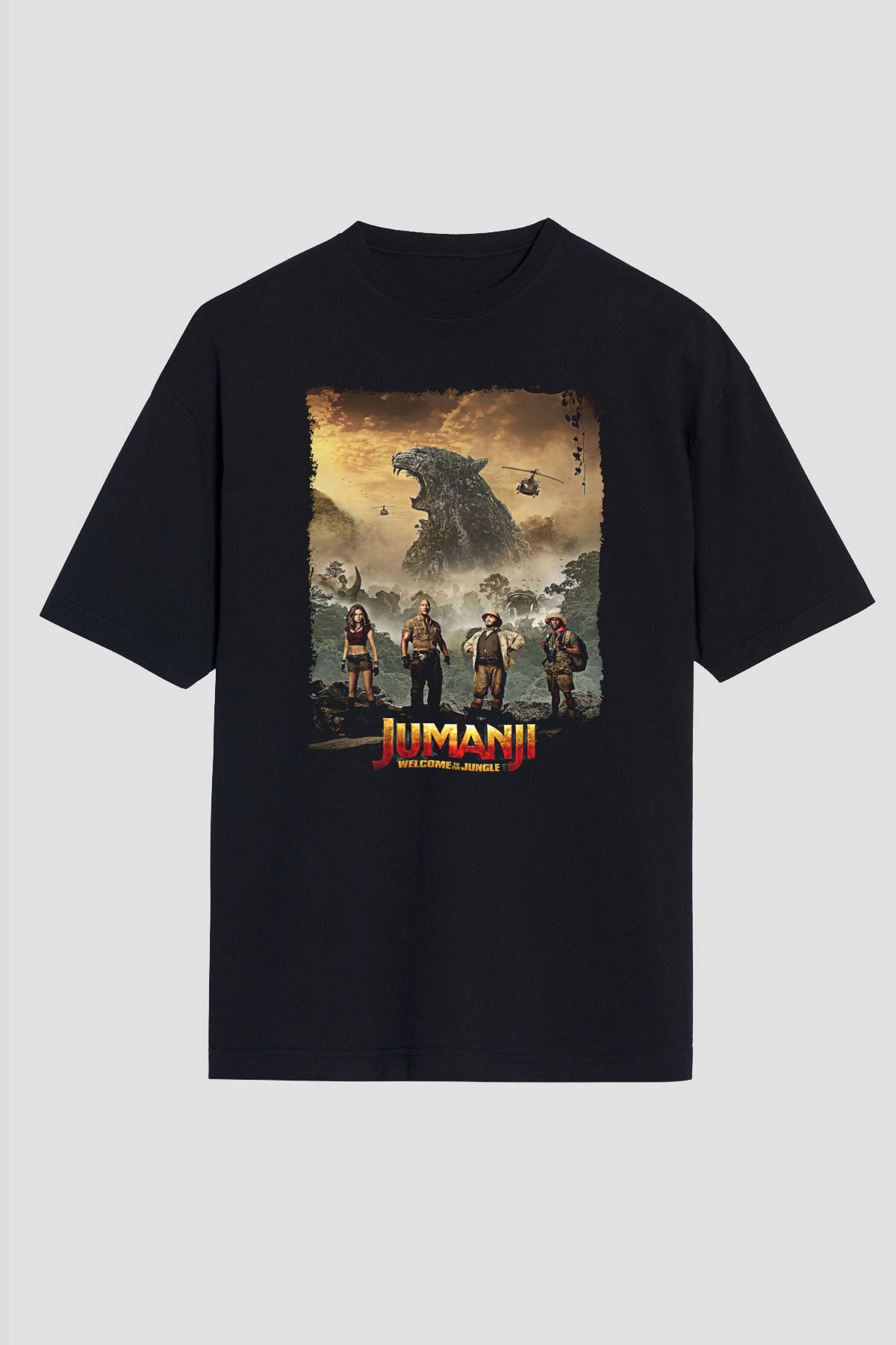 Jumanji Baskılı Unisex Siyah Oversize Tişört - Tshirt