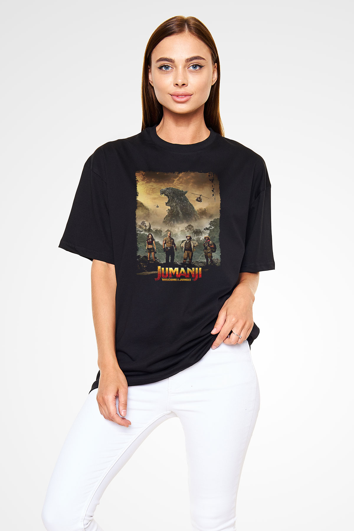 Jumanji Baskılı Unisex Siyah Oversize Tişört - Tshirt