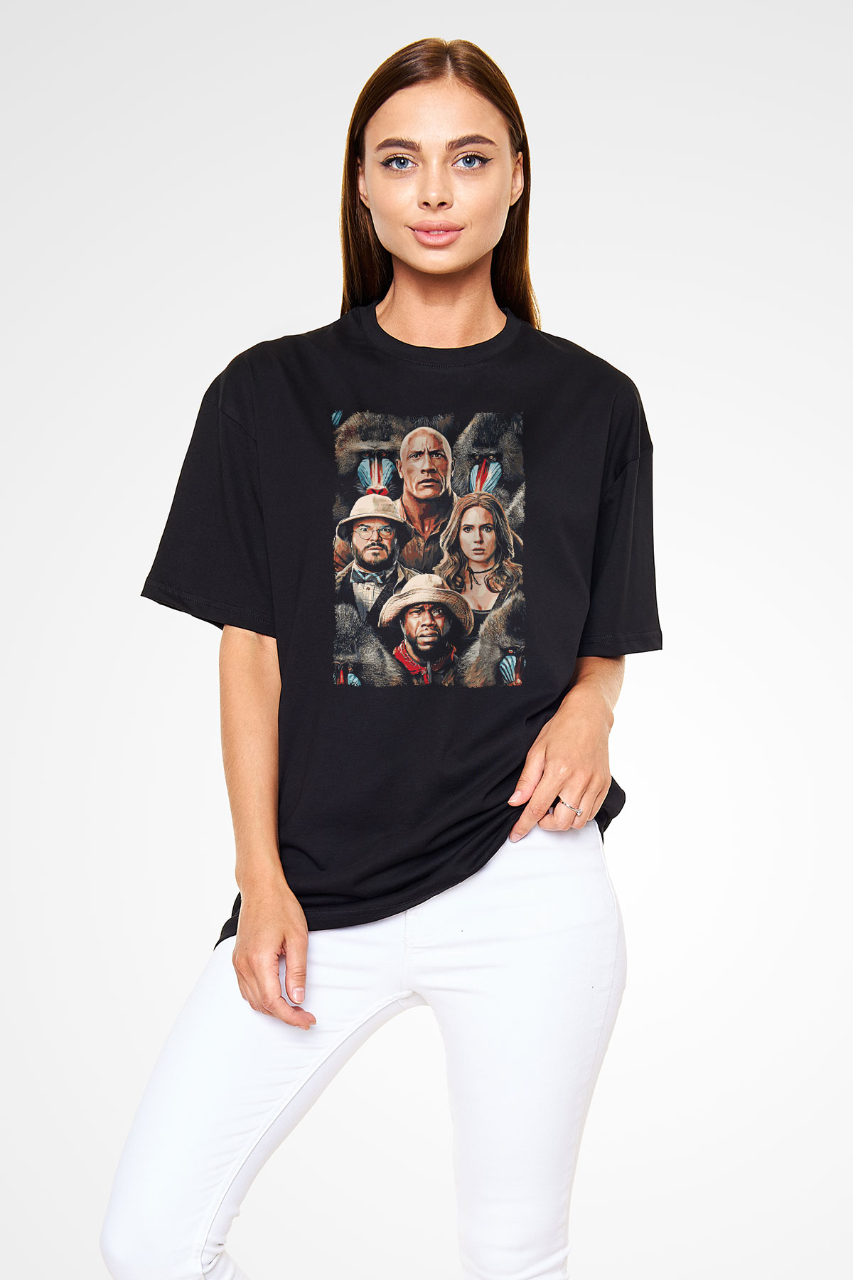 Jumanji Baskılı Unisex Siyah Oversize Tişört - Tshirt