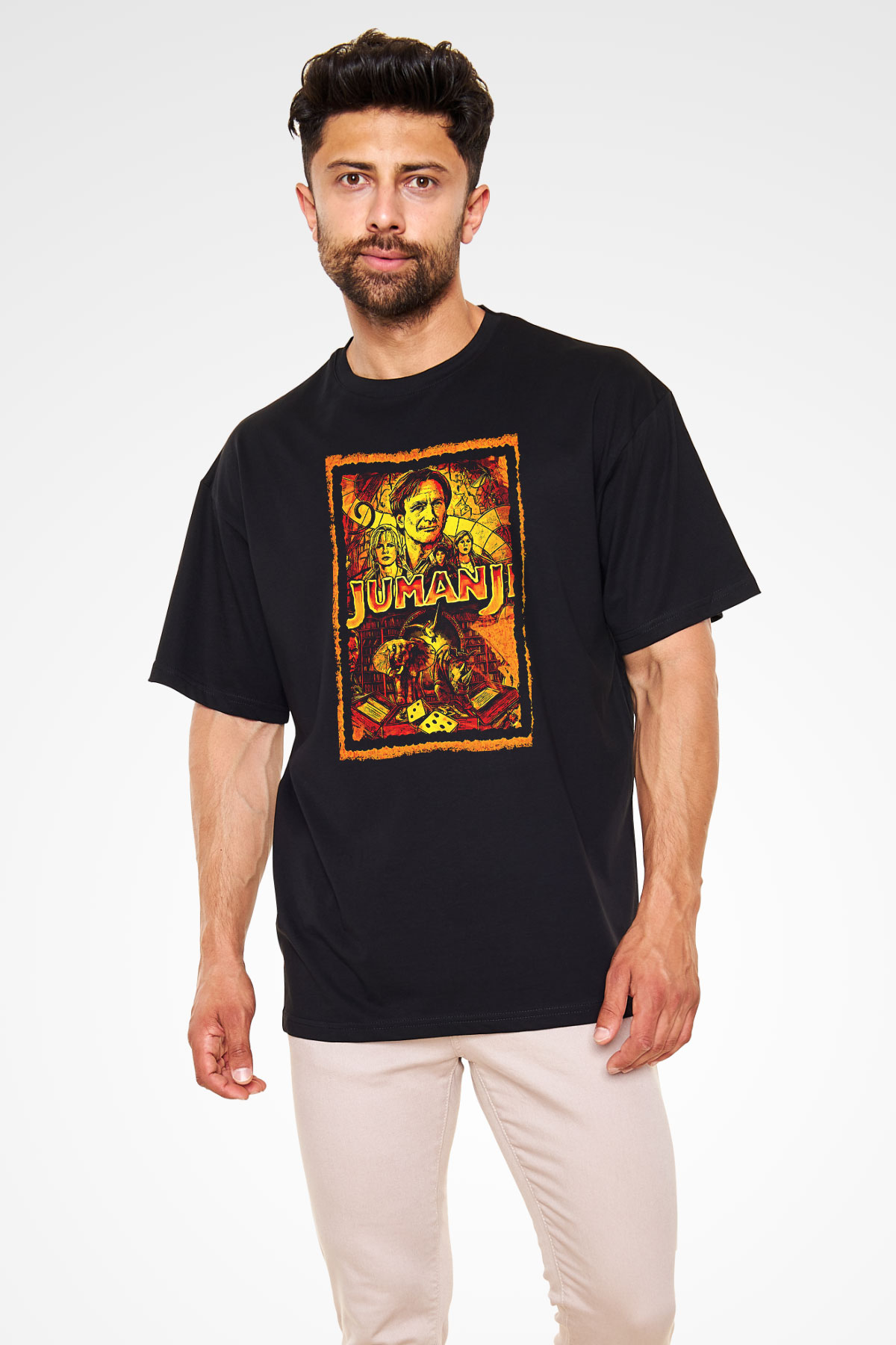 Jumanji Baskılı Unisex Siyah Oversize Tişört - Tshirt