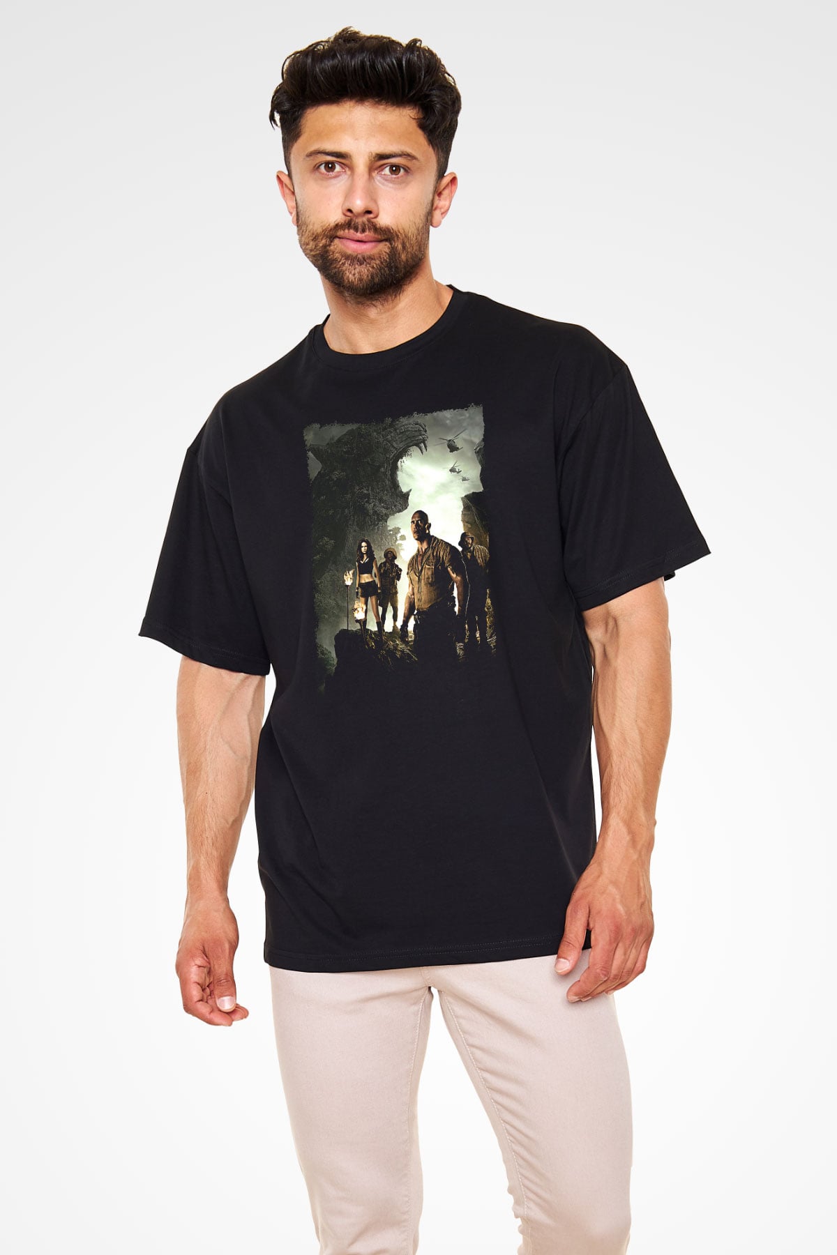Jumanji Baskılı Unisex Siyah Oversize Tişört - Tshirt