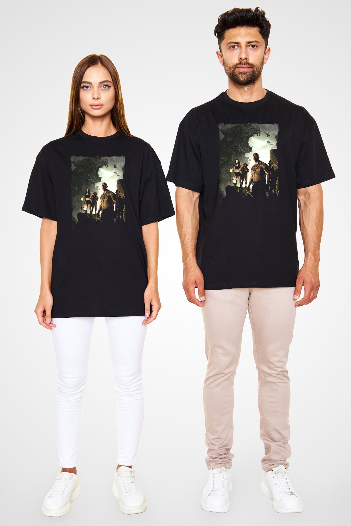 Jumanji Baskılı Unisex Siyah Oversize Tişört - Tshirt