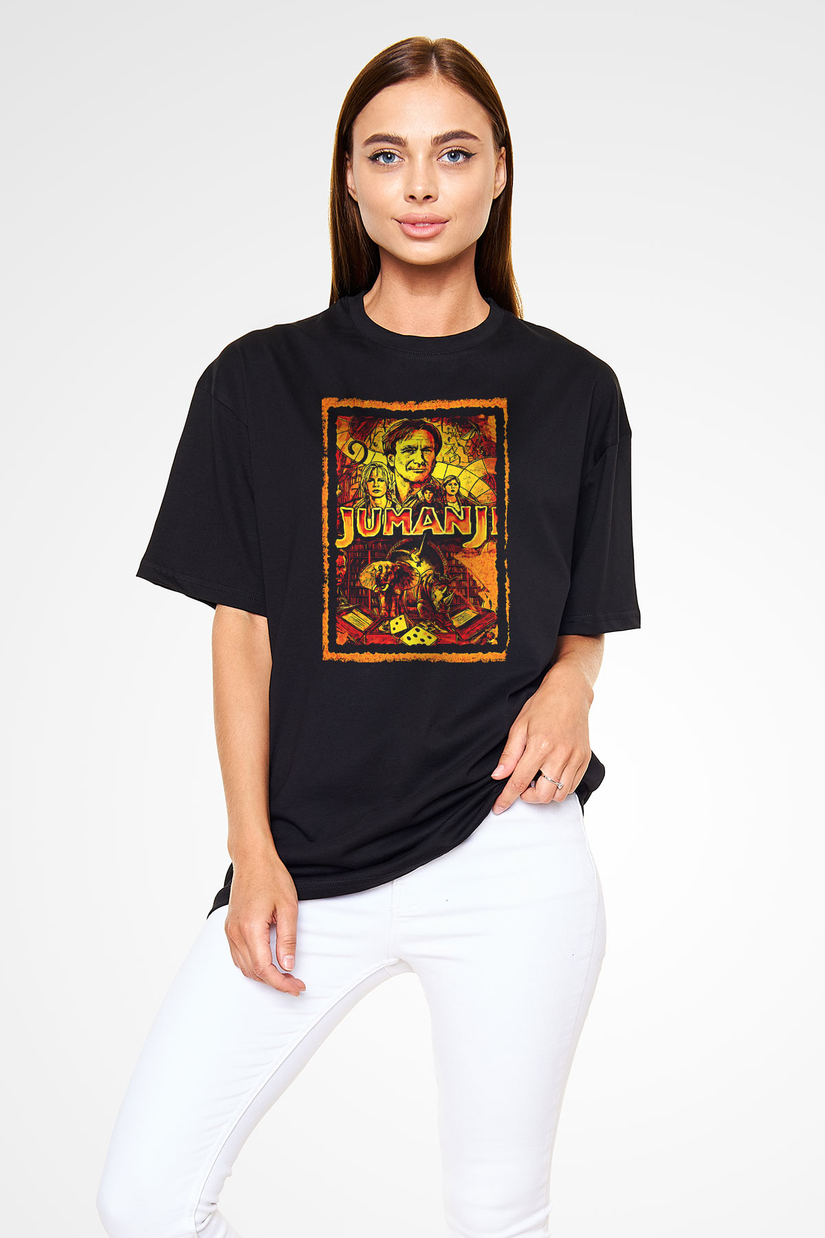 Jumanji Baskılı Unisex Siyah Oversize Tişört - Tshirt