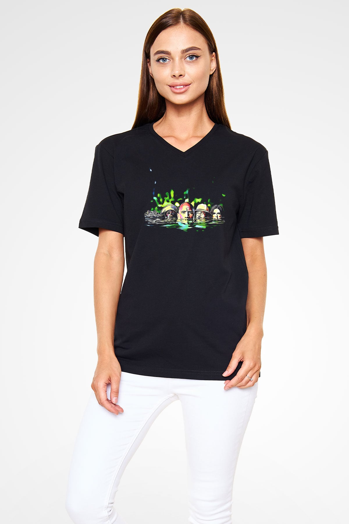 Jumanji Baskılı Unisex Siyah V Yaka Tişört - Tshirt