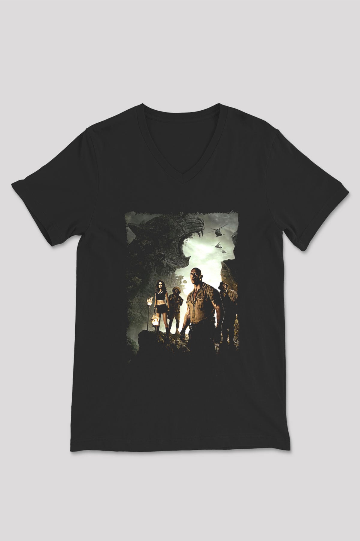 Jumanji Baskılı Unisex Siyah V Yaka Tişört - Tshirt