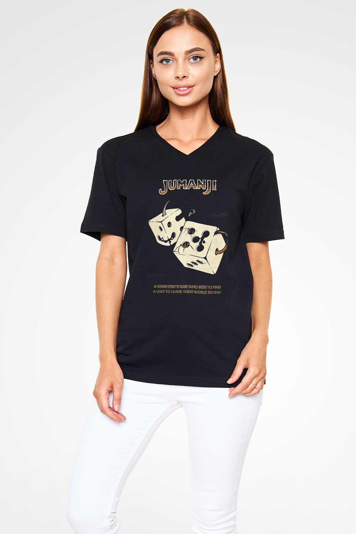 Jumanji Baskılı Unisex Siyah V Yaka Tişört - Tshirt