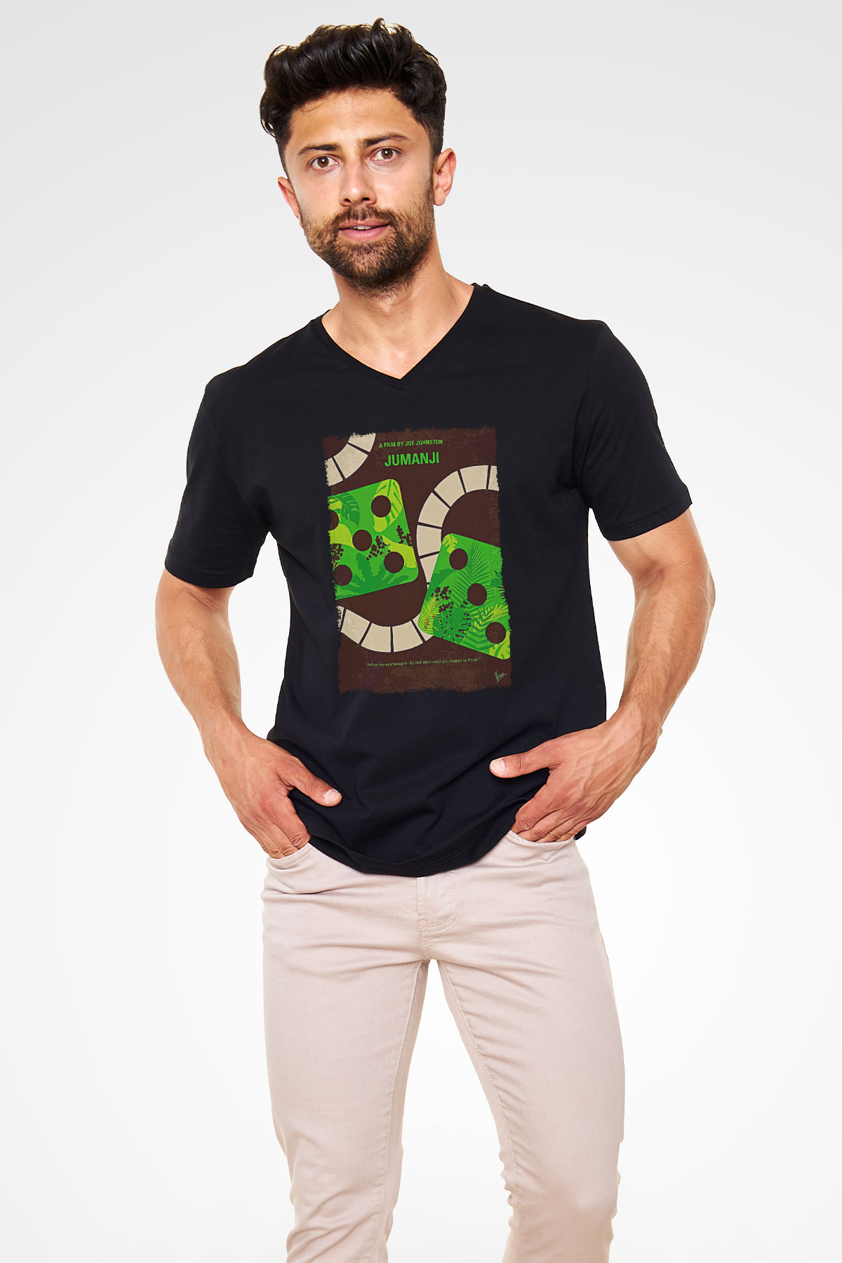 Jumanji Baskılı Unisex Siyah V Yaka Tişört - Tshirt