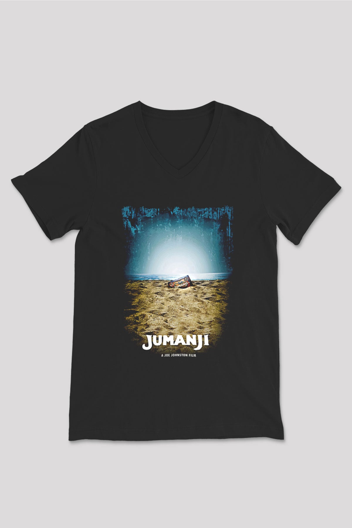Jumanji Baskılı Unisex Siyah V Yaka Tişört - Tshirt