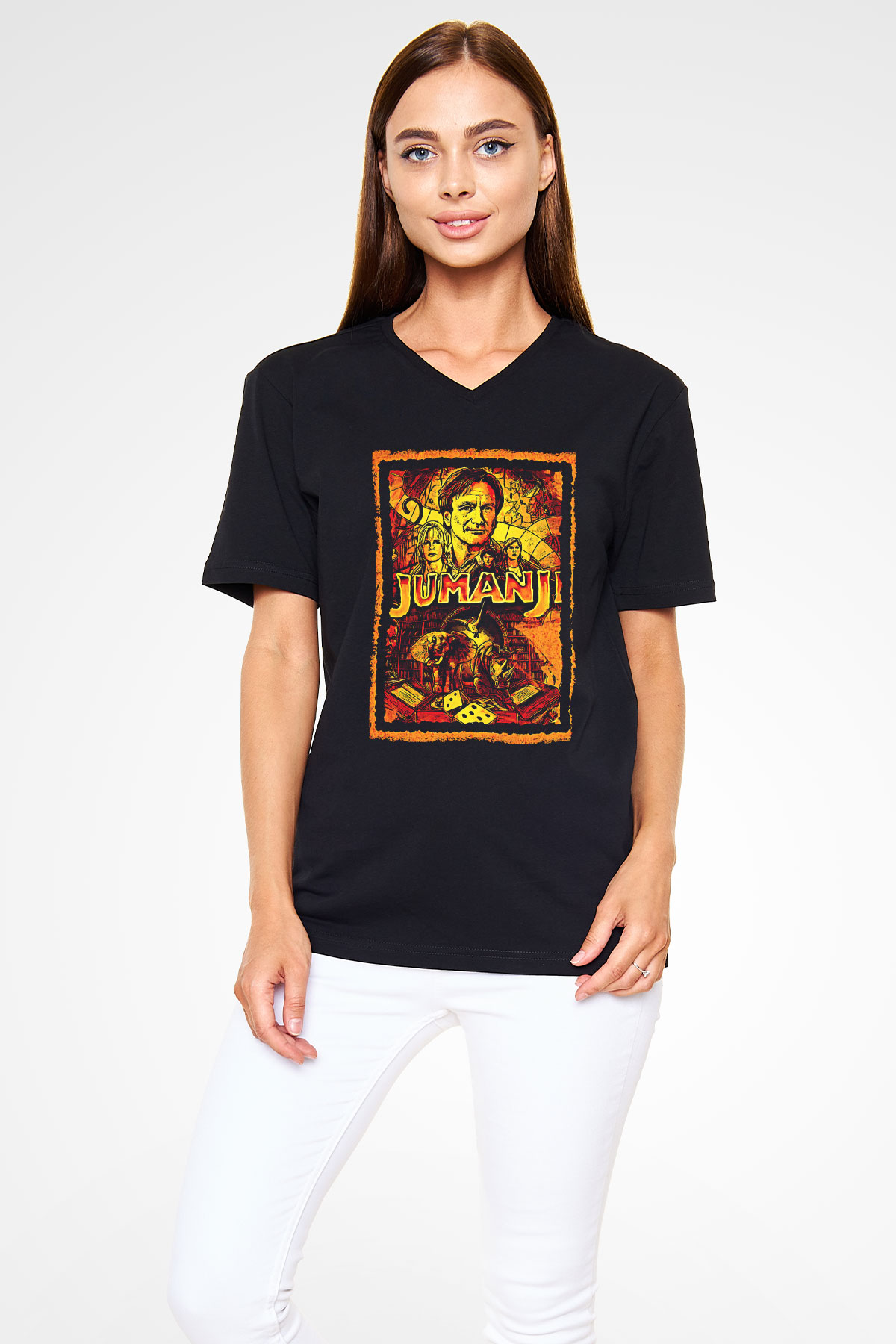 Jumanji Baskılı Unisex Siyah V Yaka Tişört - Tshirt