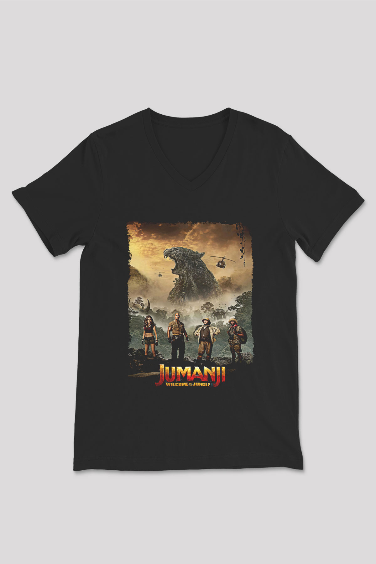 Jumanji Baskılı Unisex Siyah V Yaka Tişört - Tshirt