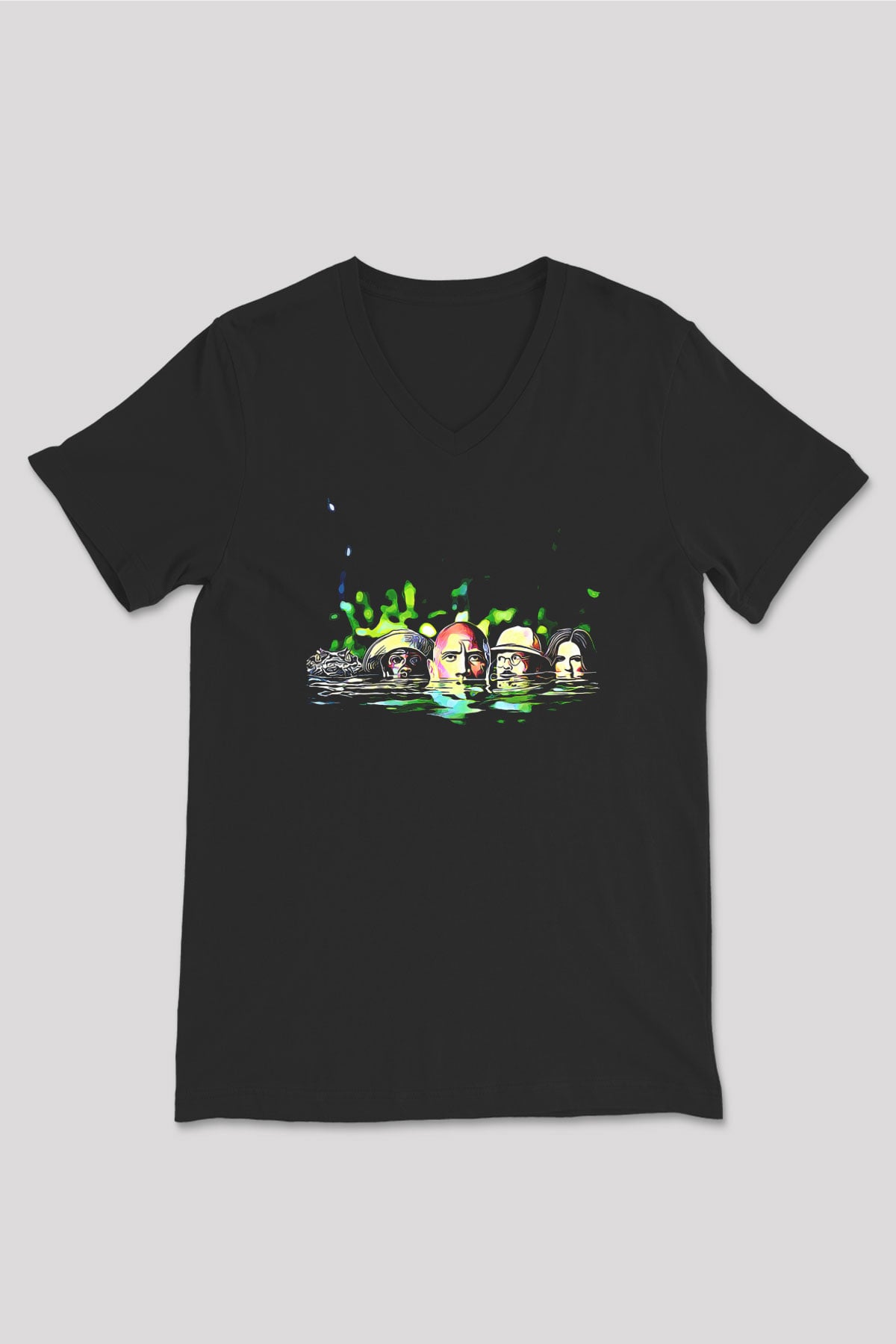 Jumanji Baskılı Unisex Siyah V Yaka Tişört - Tshirt