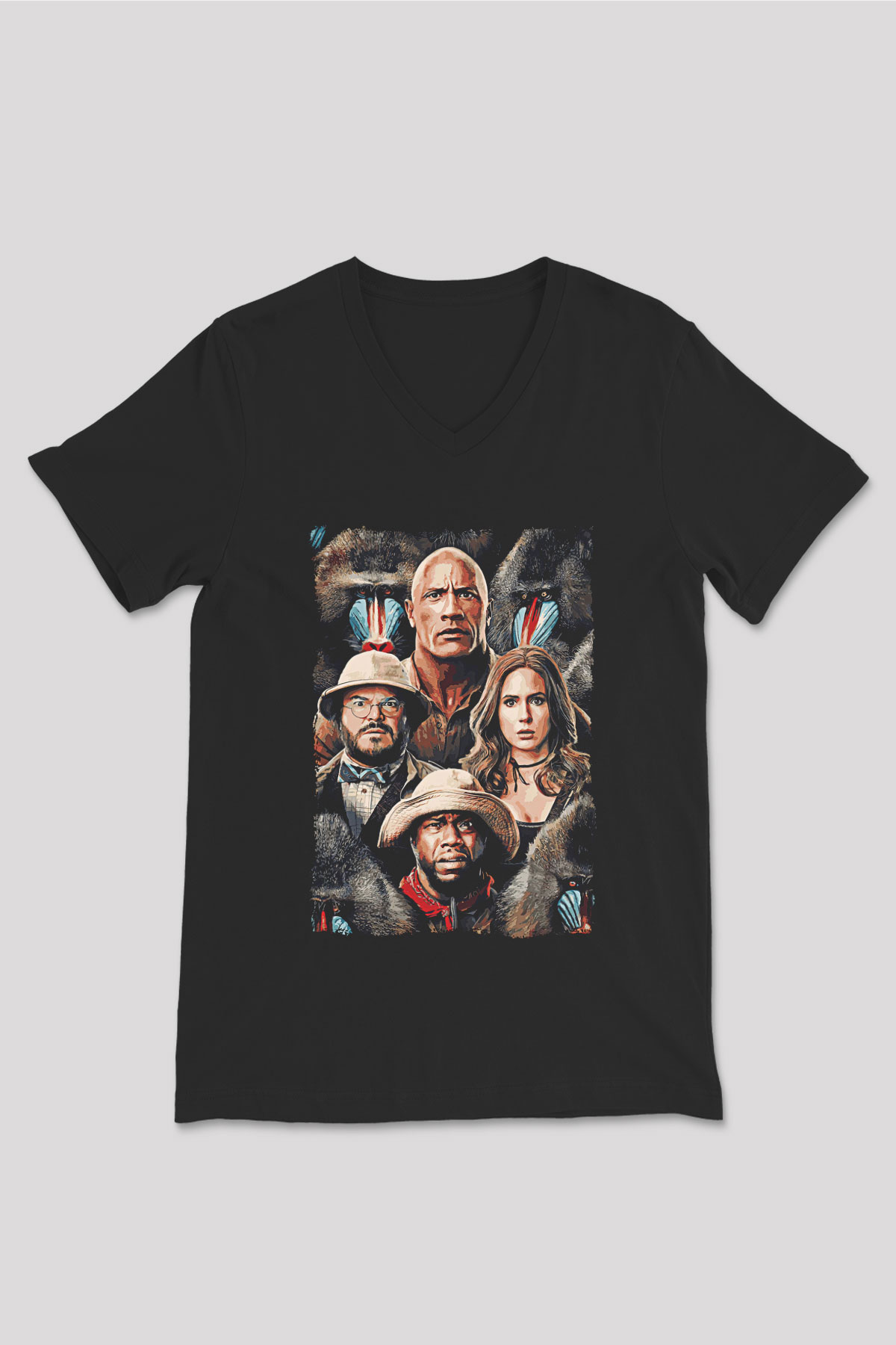 Jumanji Baskılı Unisex Siyah V Yaka Tişört - Tshirt