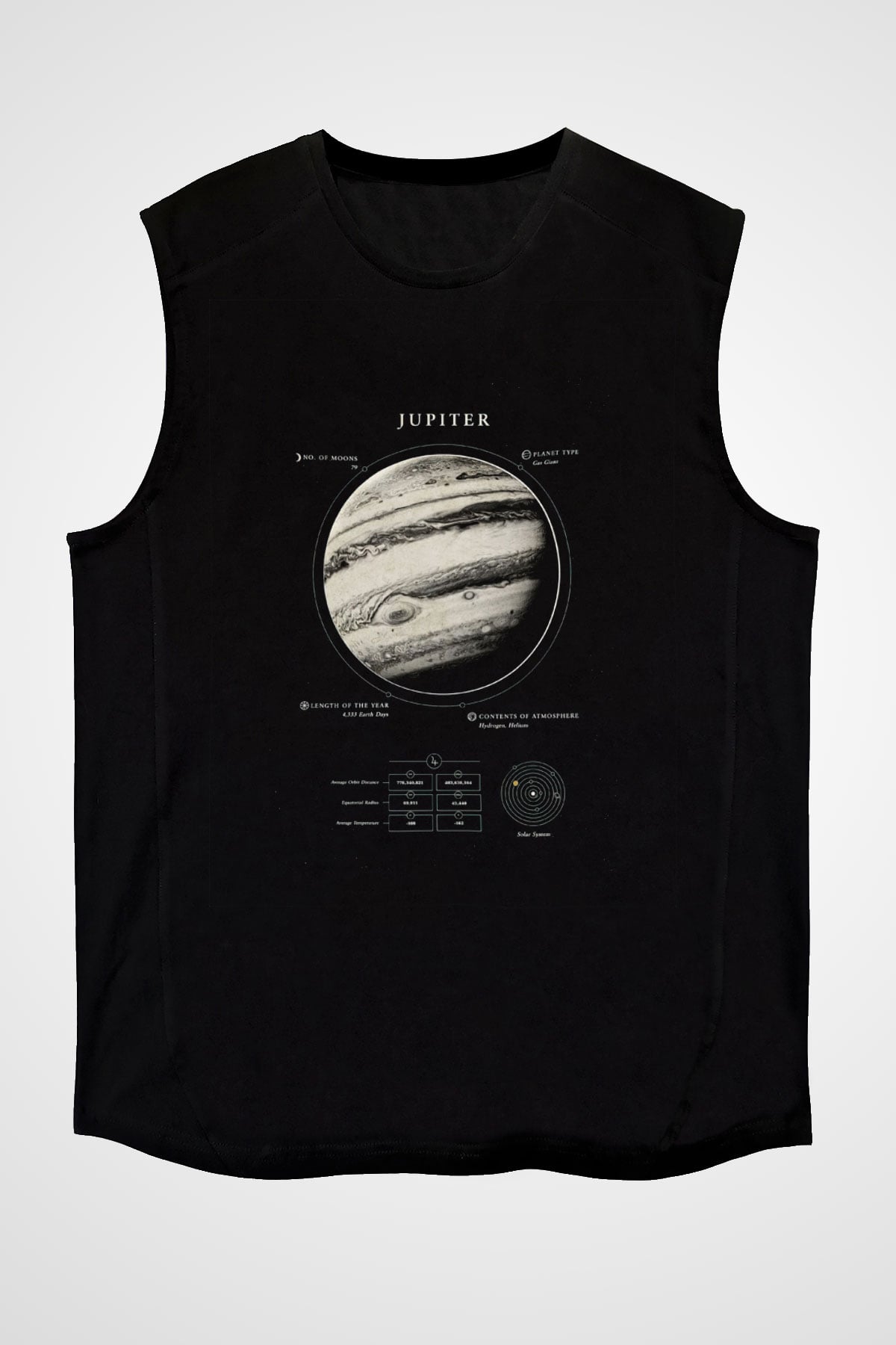 Jüpiter Fiziksel Özellikleri Baskılı Unisex Kolsuz Siyah Tişört - Tshirt