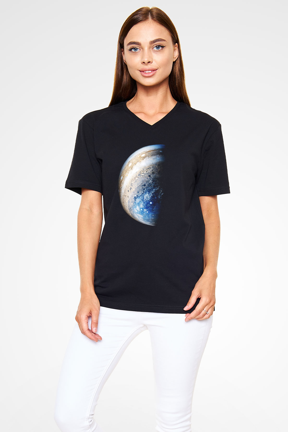 Jüpiter Siyah Unisex V Yaka Tişört T-Shirt