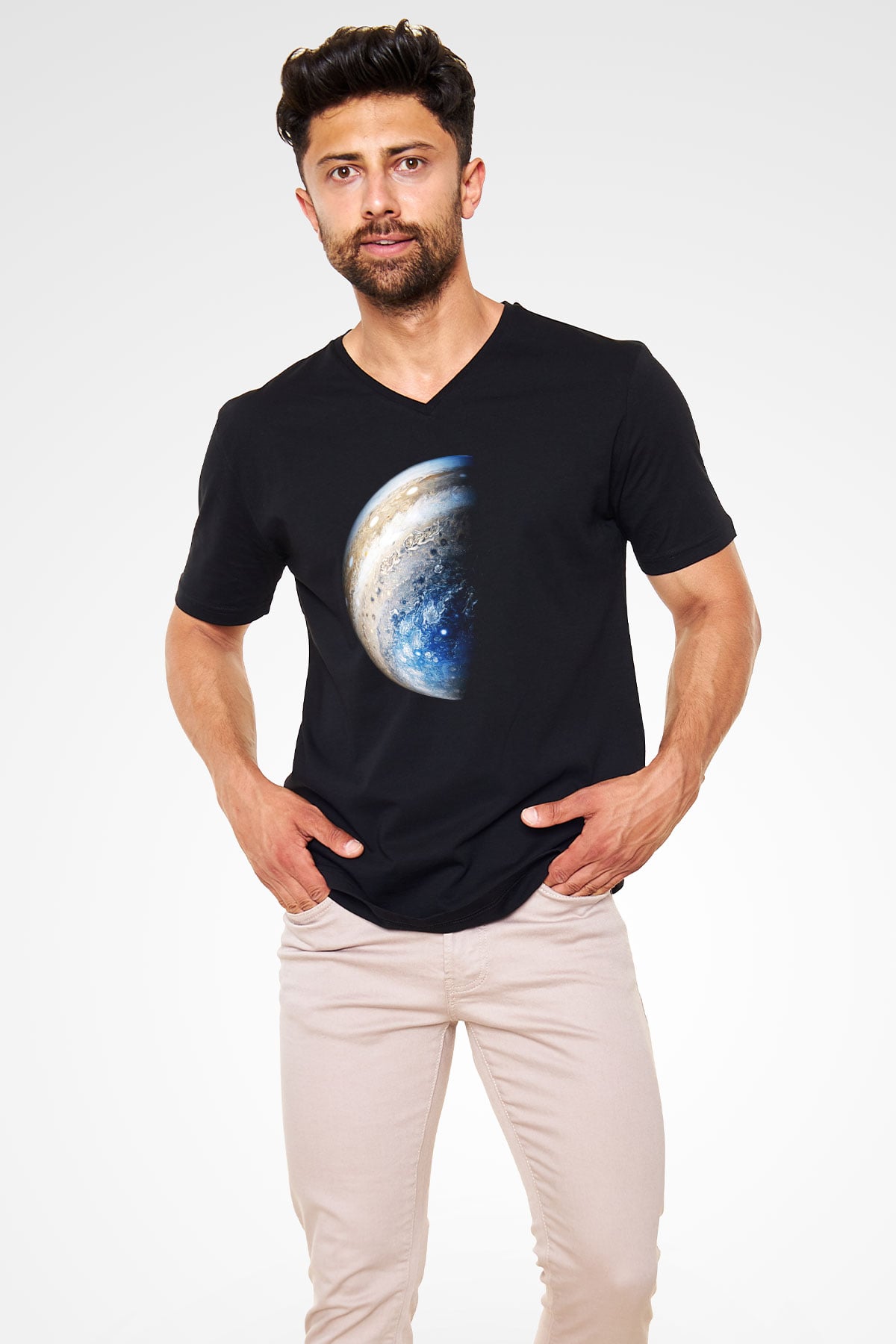 Jüpiter Siyah Unisex V Yaka Tişört T-Shirt