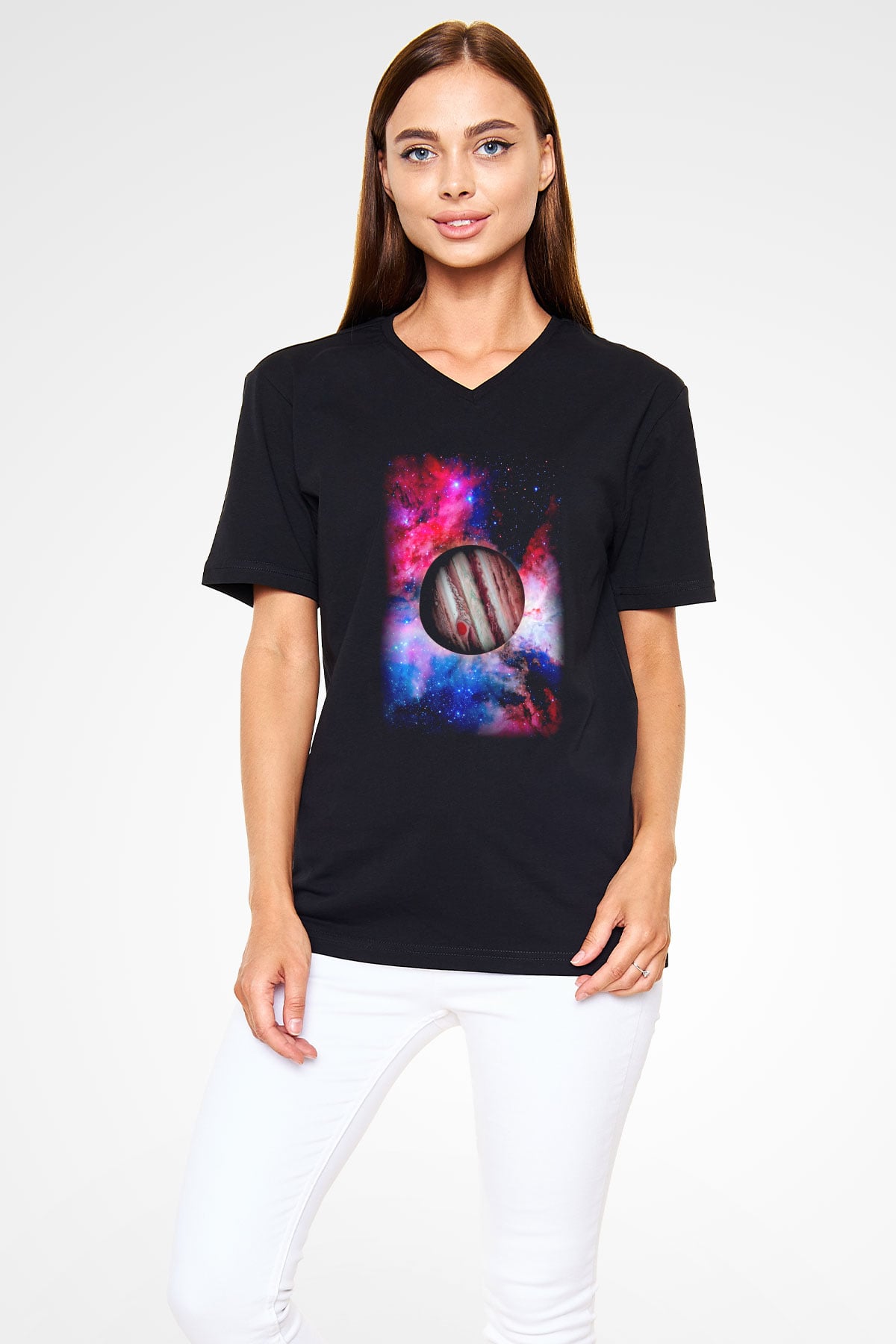 Jüpiter Siyah Unisex V Yaka Tişört T-Shirt