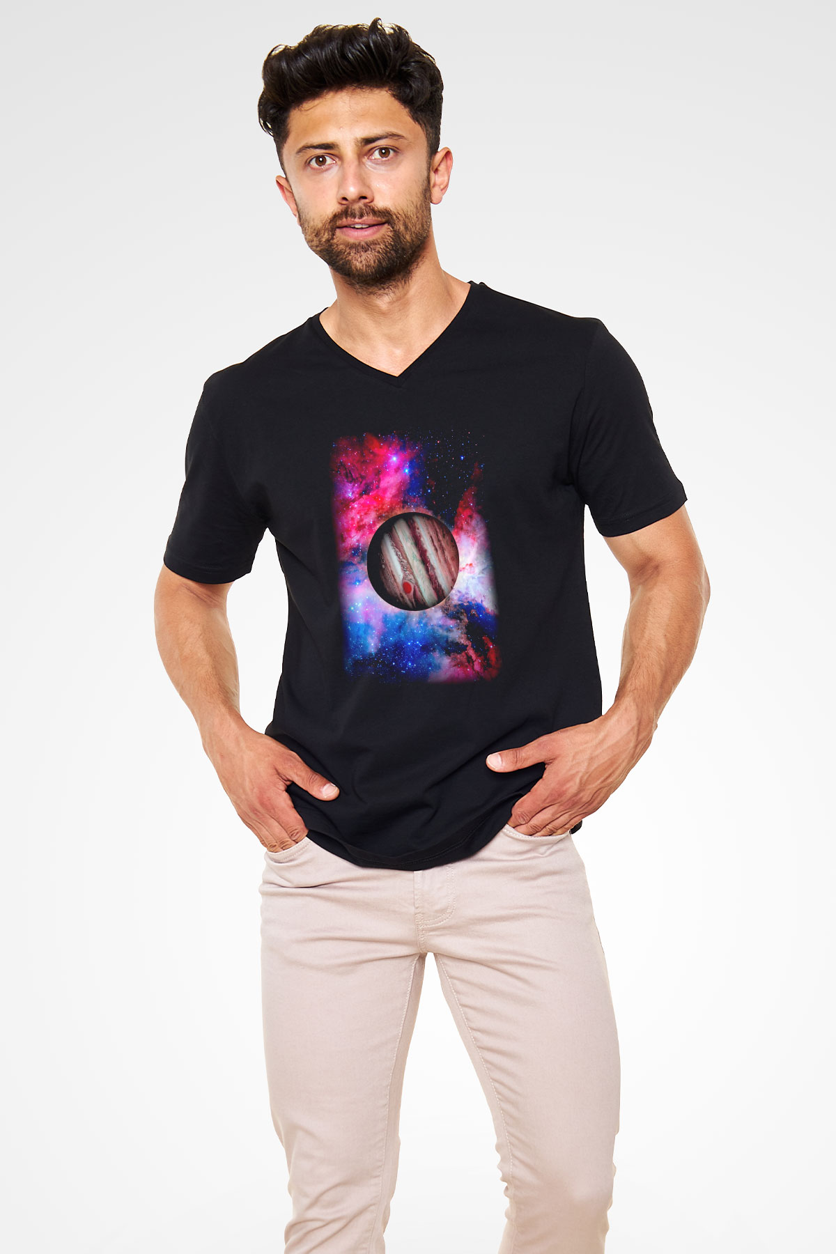 Jüpiter Siyah Unisex V Yaka Tişört T-Shirt