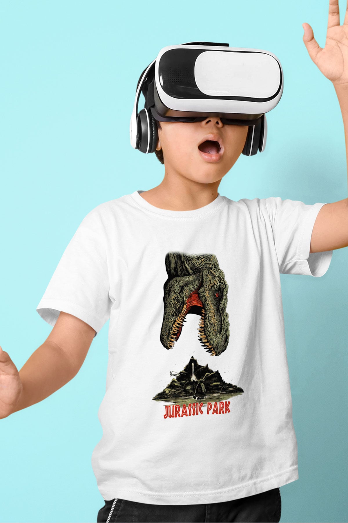 Jurassic Park Baskılı Beyaz Unisex Çocuk Tişört