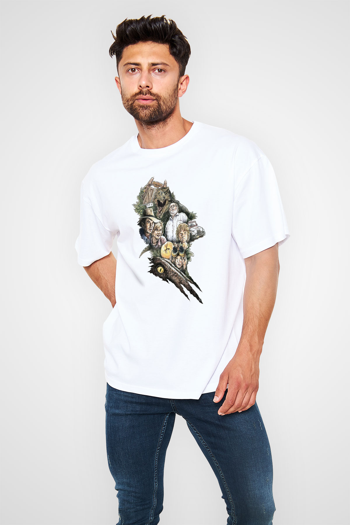 Jurassic Park Beyaz Unisex Oversize Tişört T-Shirt