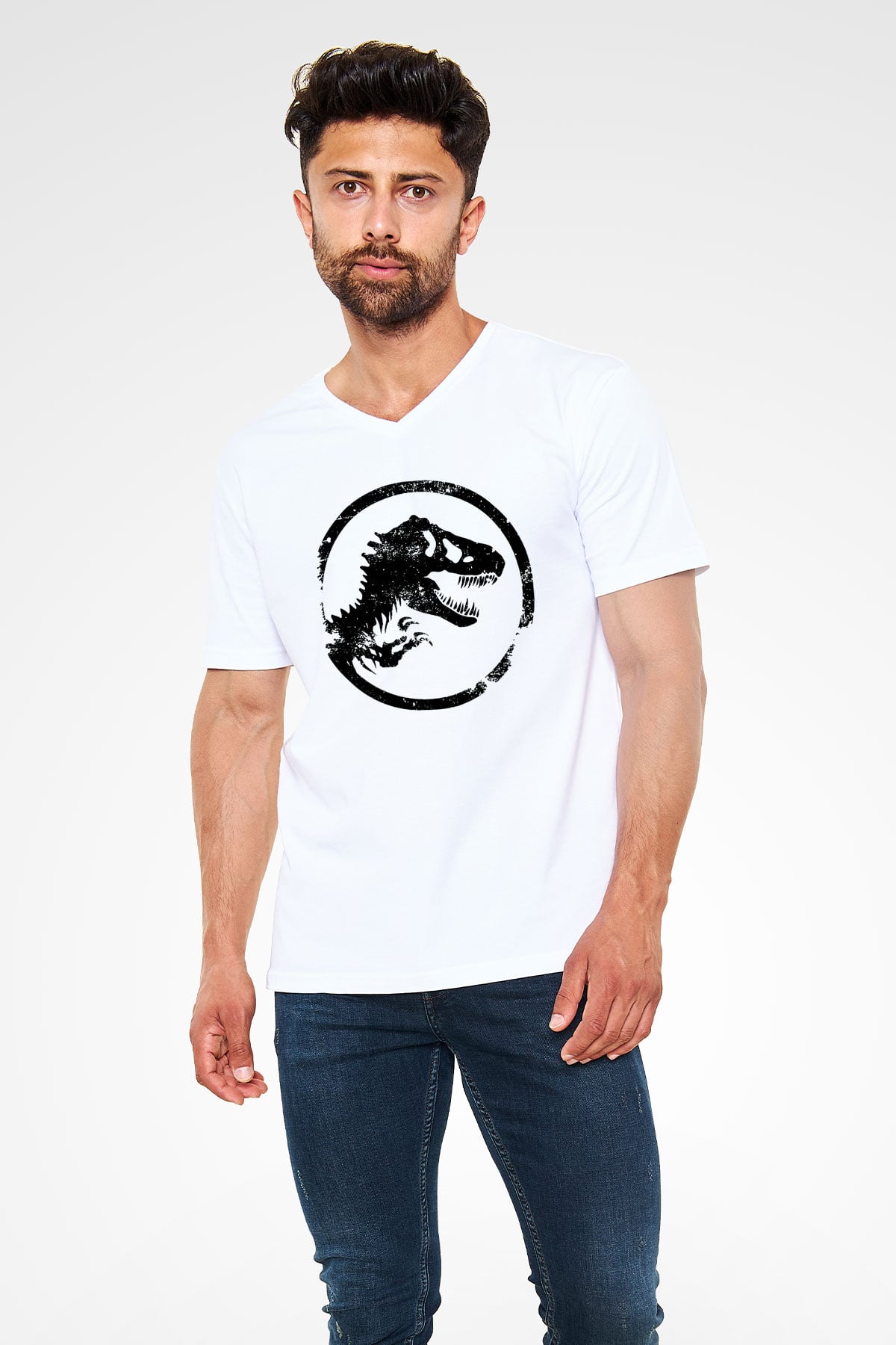Jurassic Park Beyaz Unisex V Yaka Tişört T-Shirt