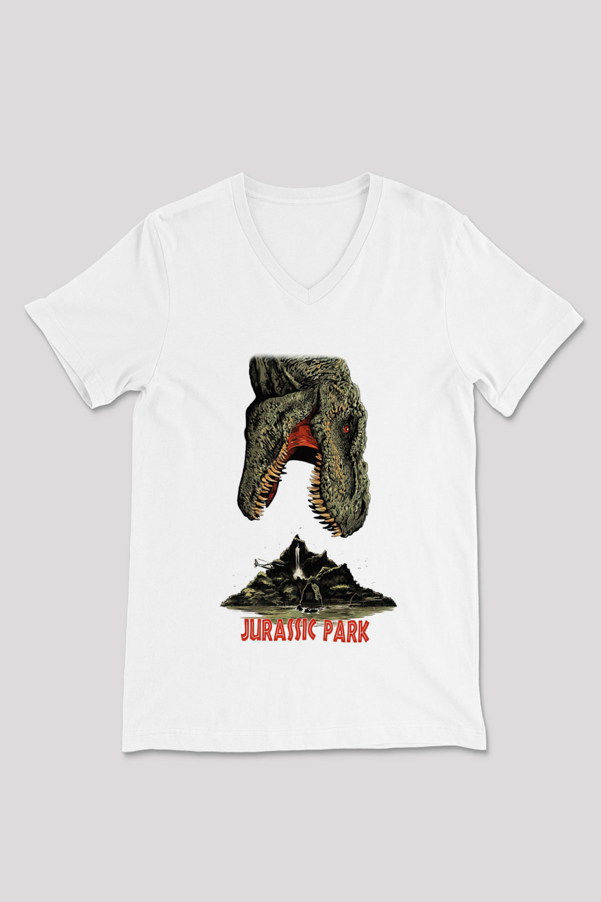 Jurassic Park Beyaz Unisex V Yaka Tişört T-Shirt