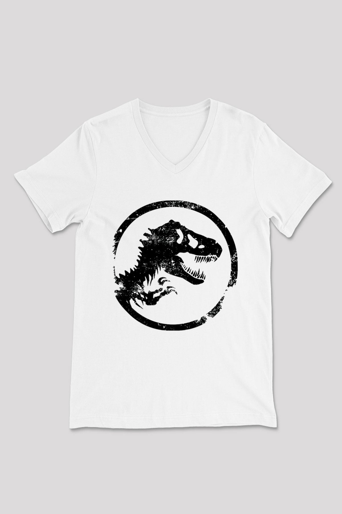 Jurassic Park Beyaz Unisex V Yaka Tişört T-Shirt