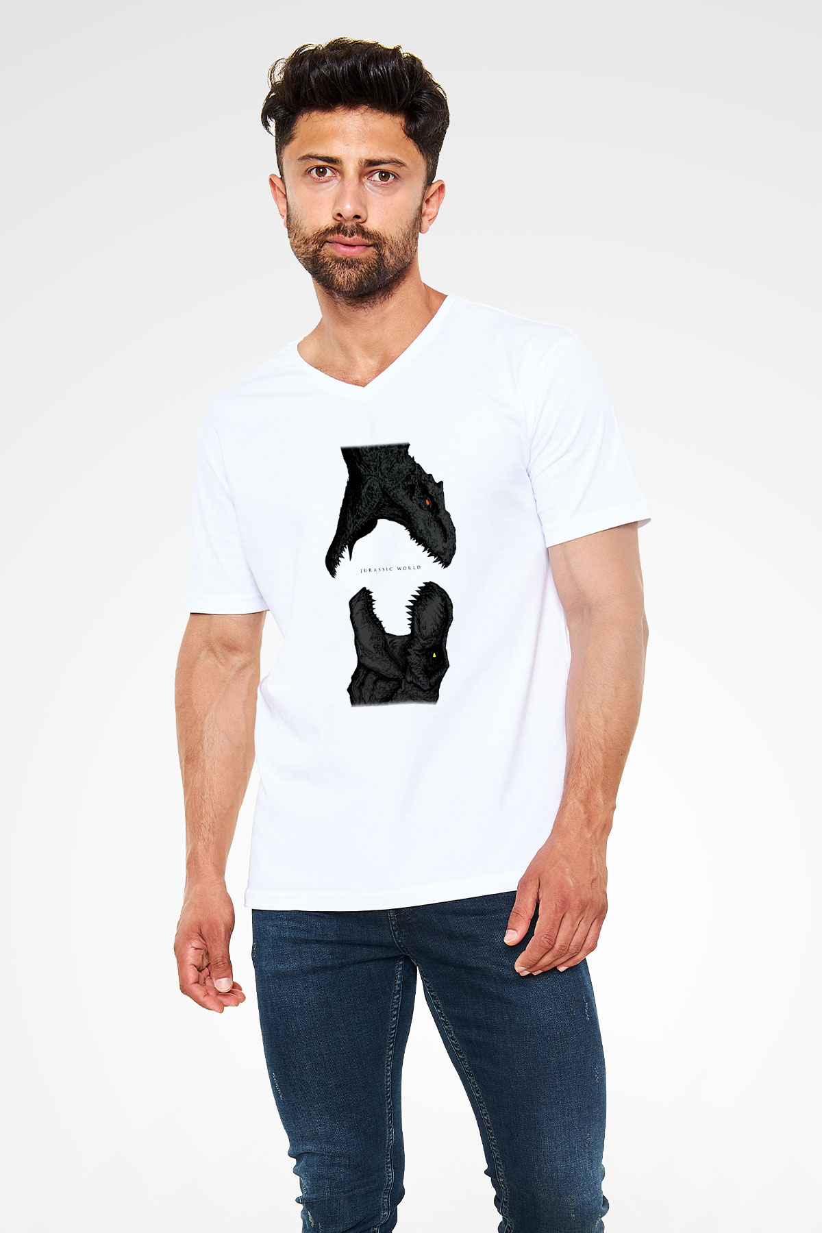 Jurassic Park Beyaz Unisex V Yaka Tişört T-Shirt