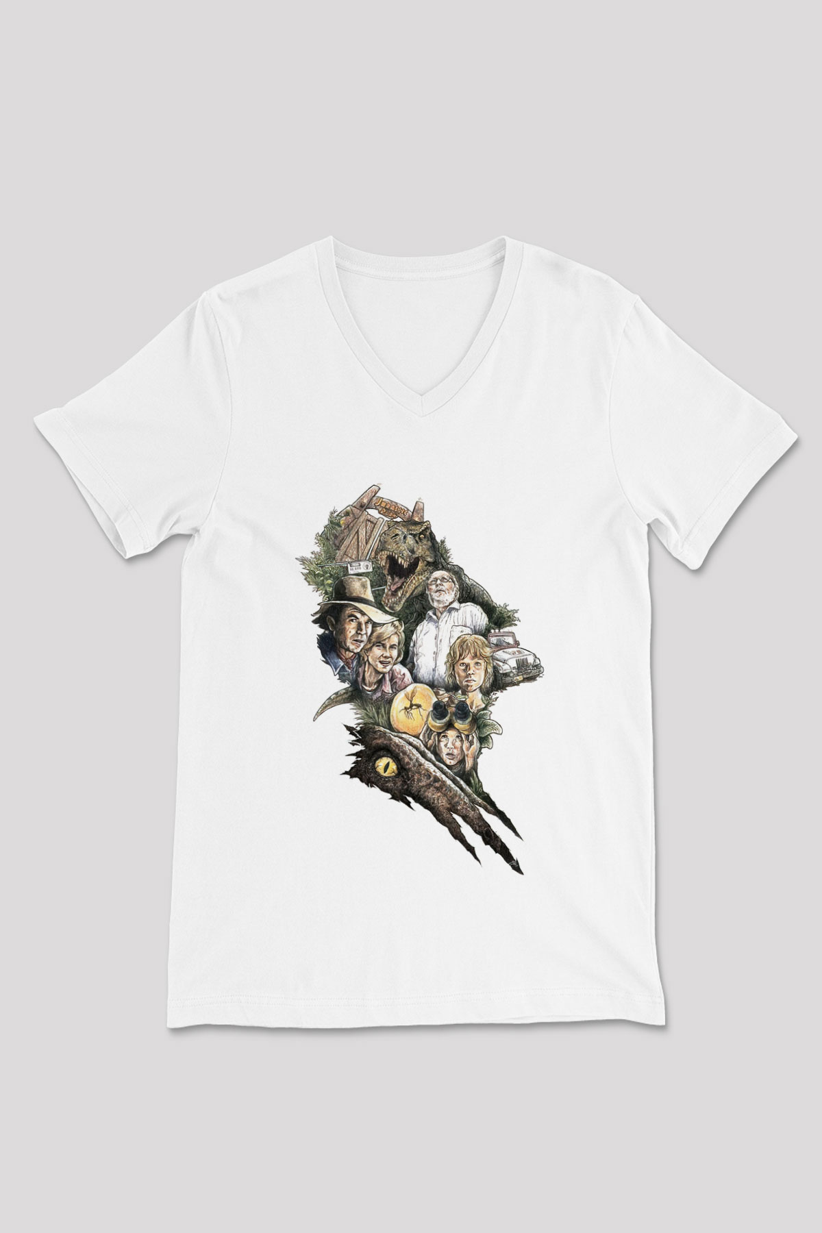 Jurassic Park Beyaz Unisex V Yaka Tişört T-Shirt
