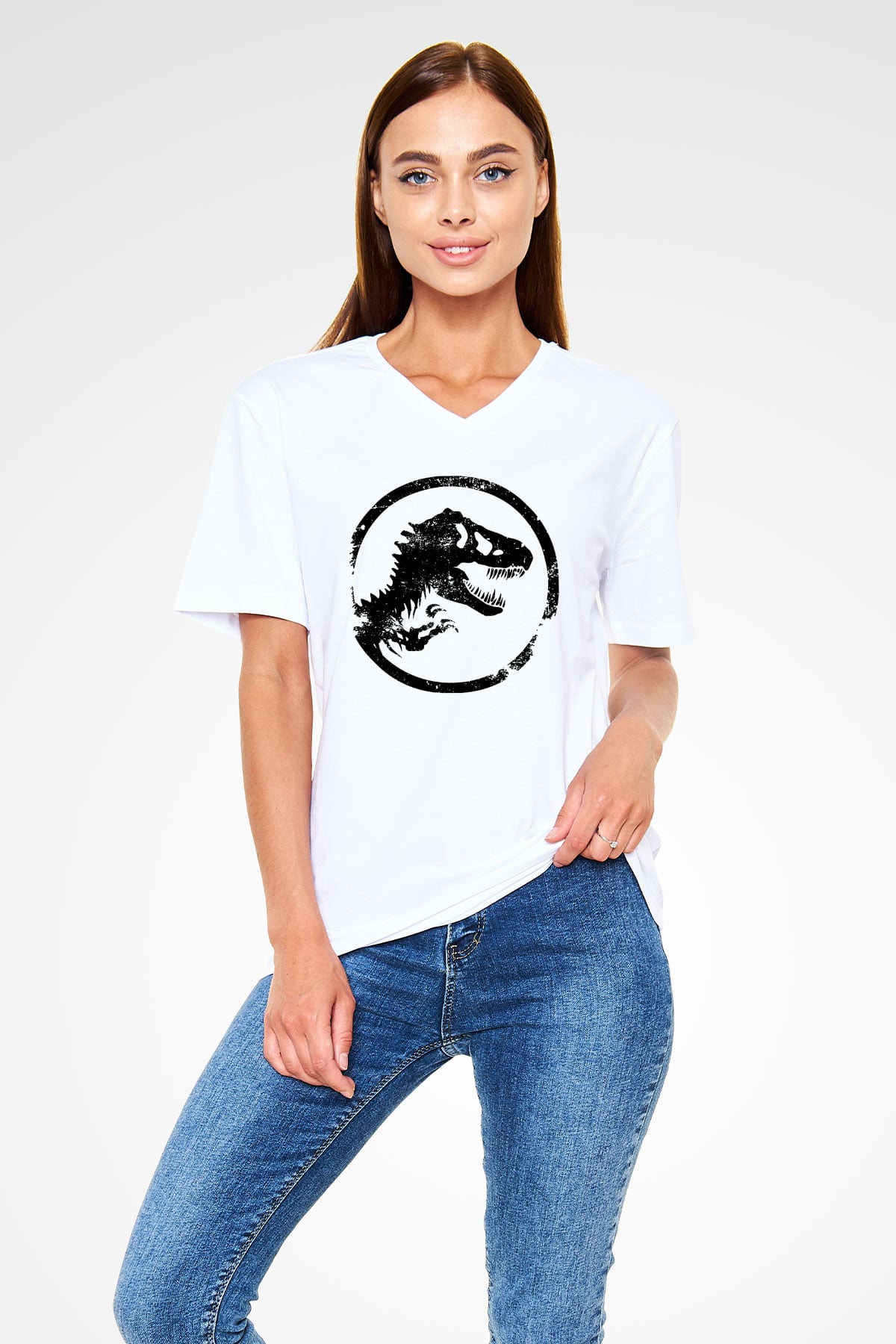 Jurassic Park Beyaz Unisex V Yaka Tişört T-Shirt