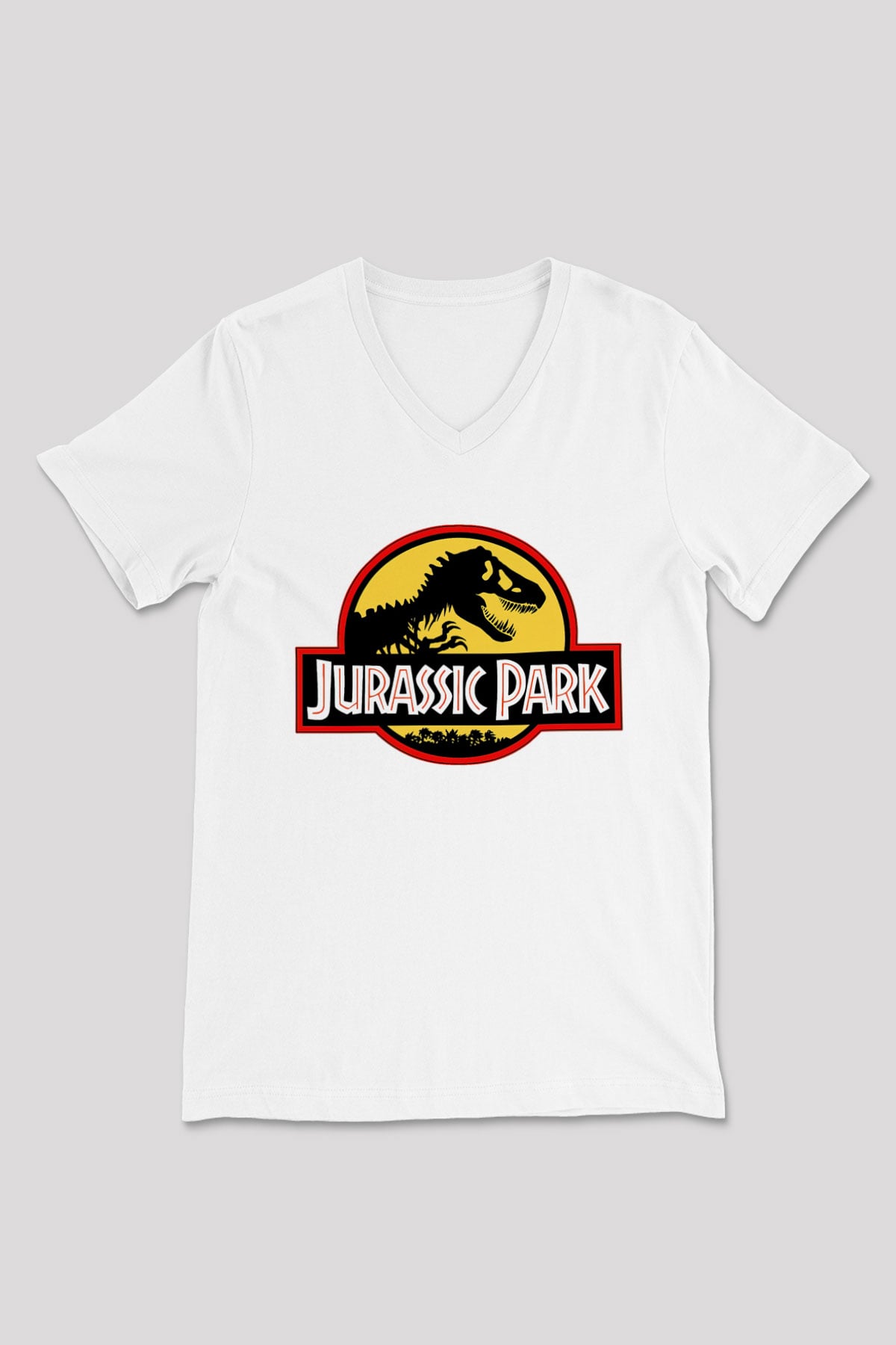 Jurassic Park Beyaz Unisex V Yaka Tişört T-Shirt