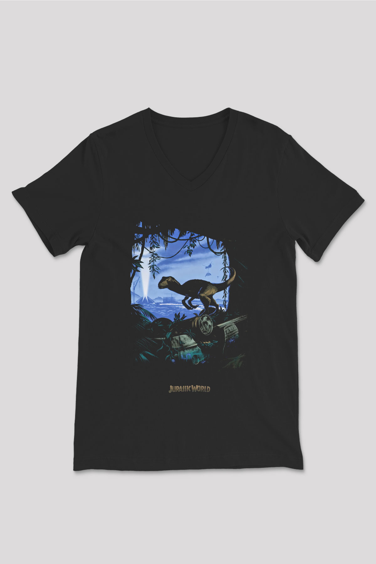 Jurassic Park Siyah Unisex V Yaka Tişört T-Shirt
