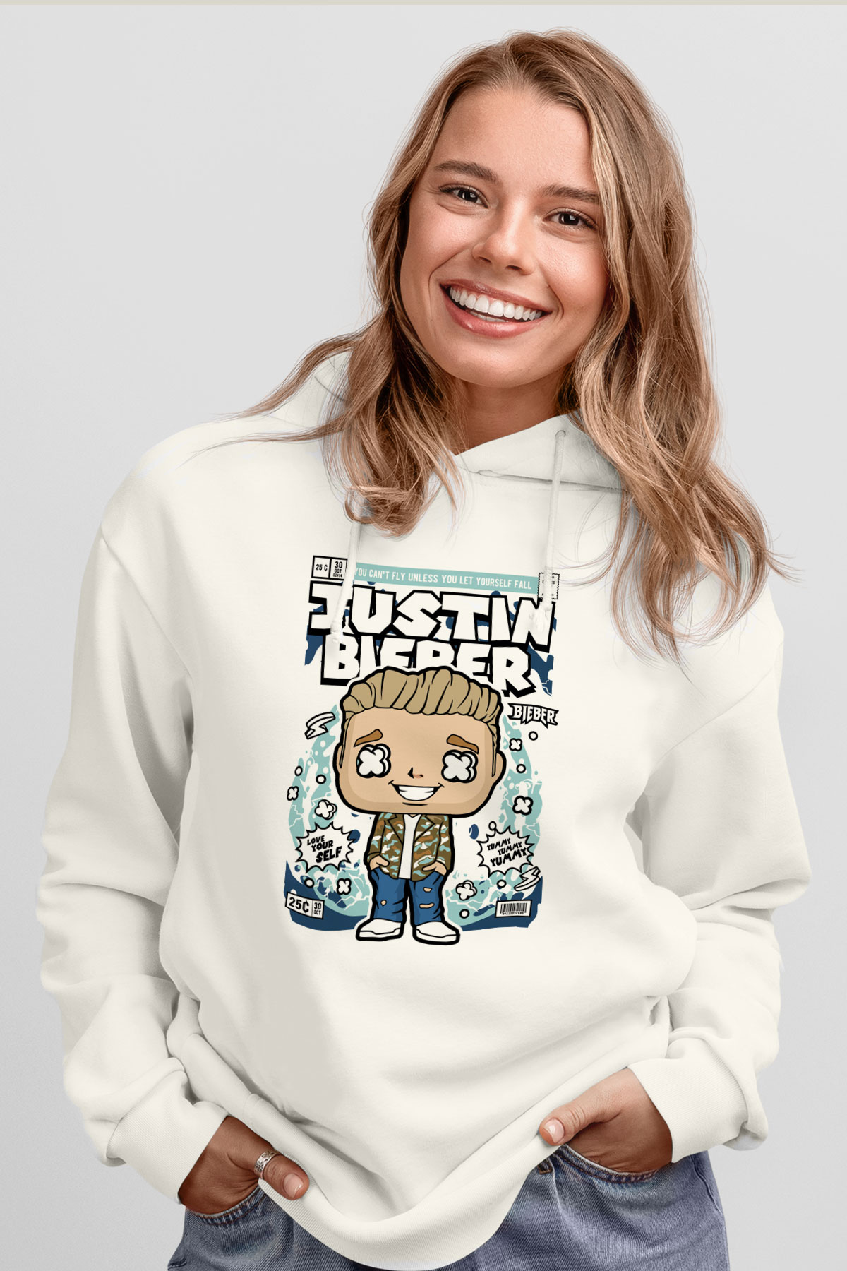 Justin Bieber Baskılı Unisex Beyaz Hoodie