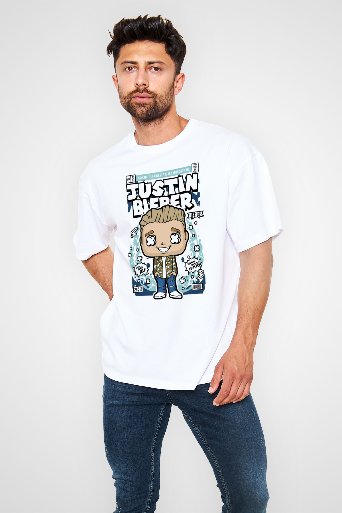 Justin Bieber Baskılı Unisex Beyaz Oversize Tişört