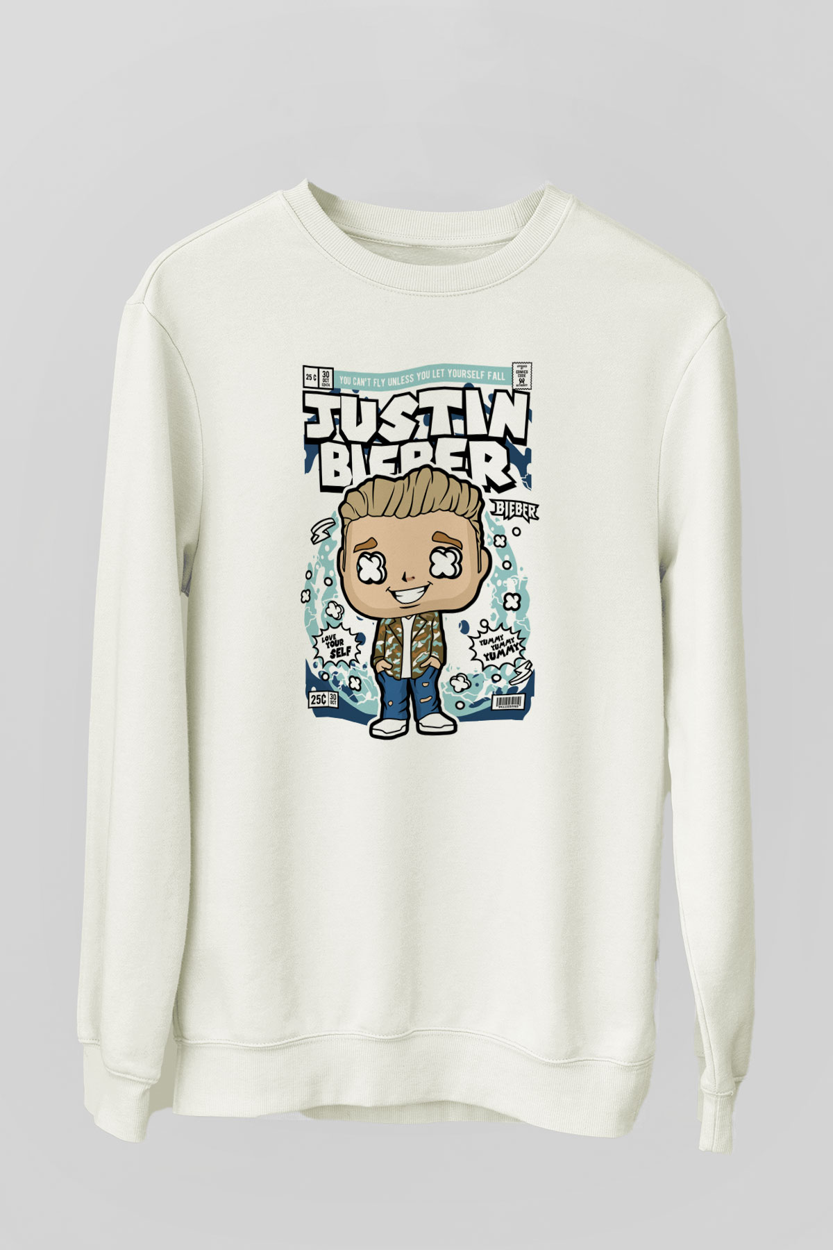 Justin Bieber Baskılı Unisex Beyaz Sweatshirt