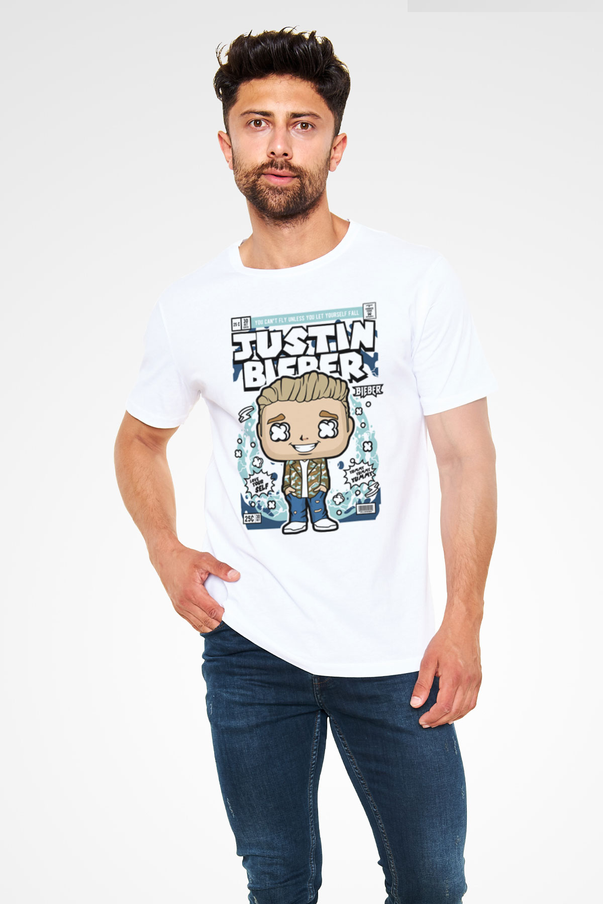 Justin Bieber Baskılı Unisex Beyaz Tişört