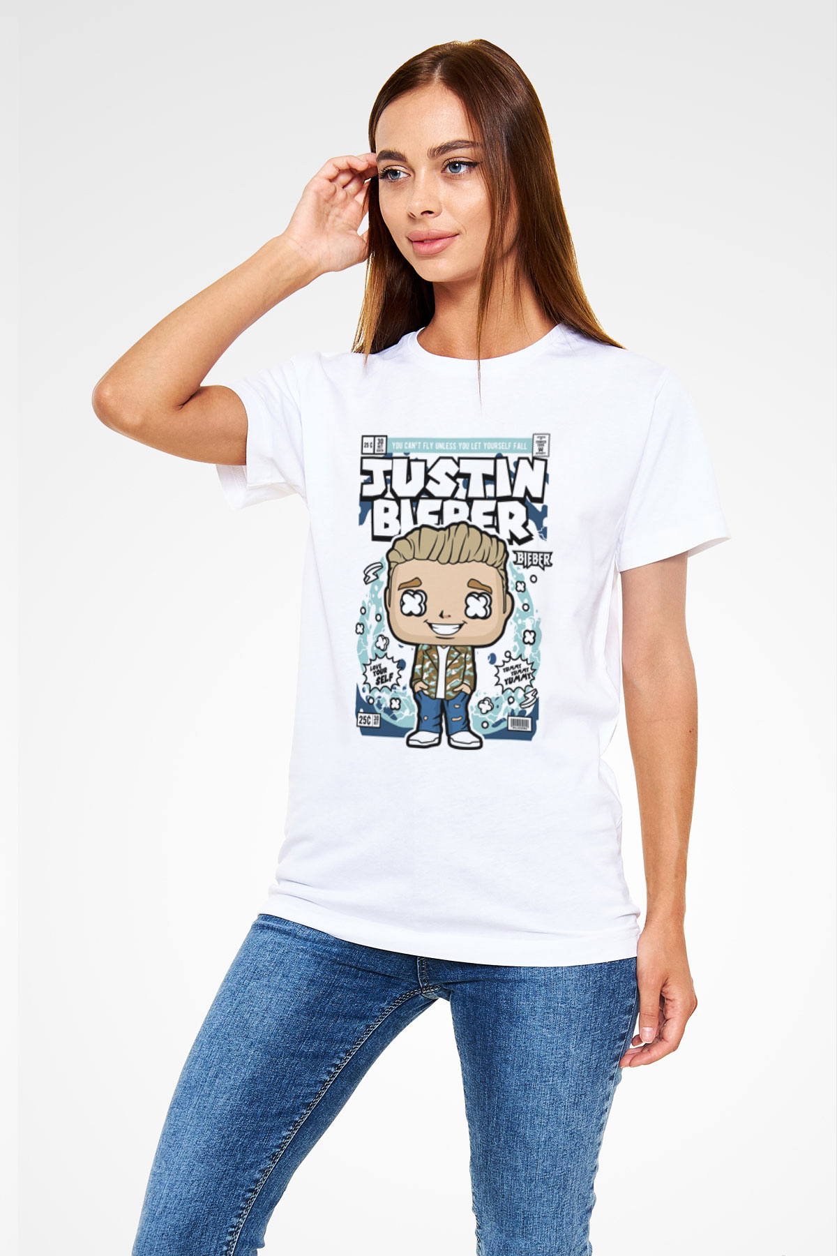 Justin Bieber Baskılı Unisex Beyaz Tişört