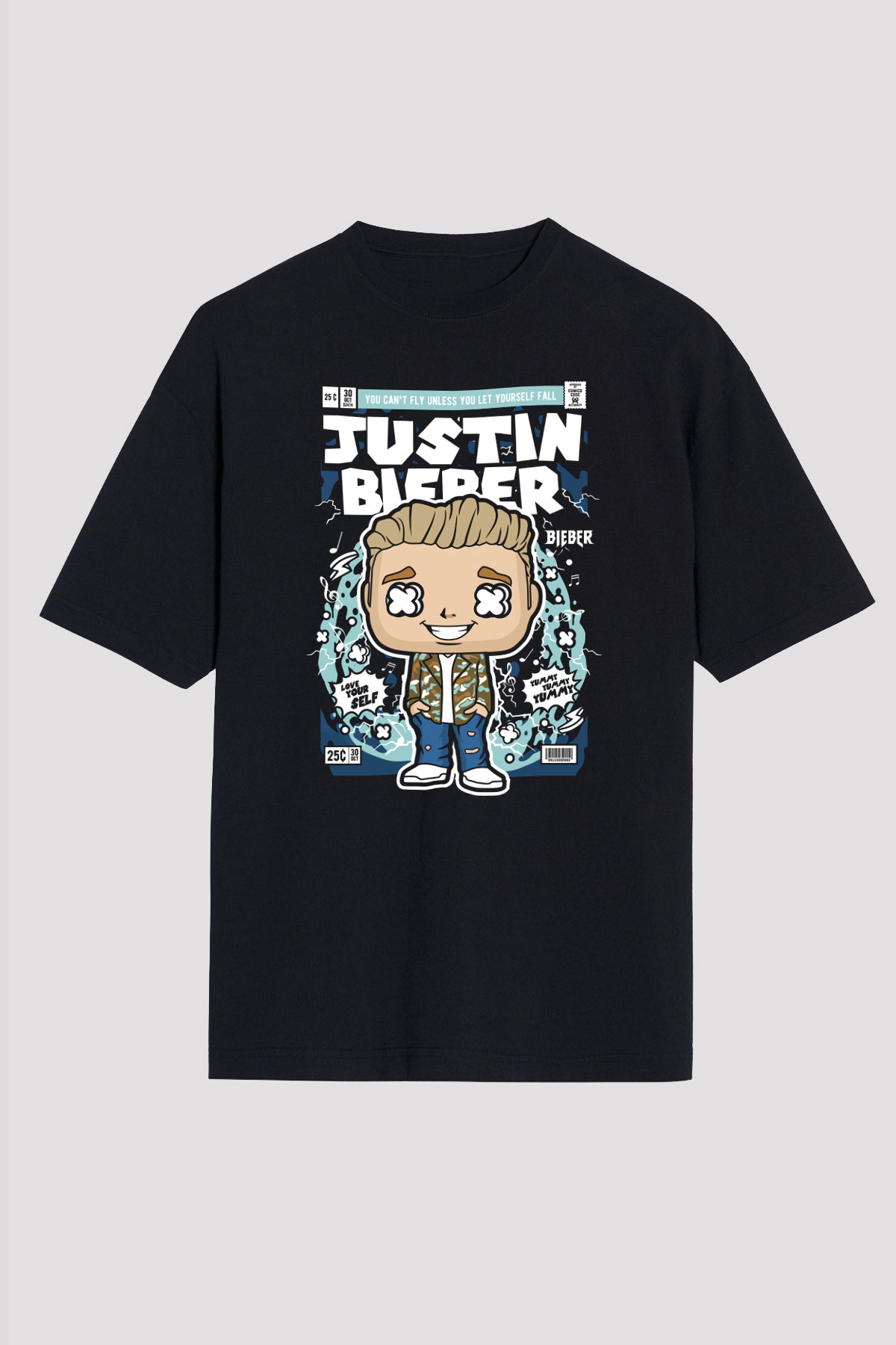 Justin Bieber Baskılı Unisex Siyah Oversize Tişört